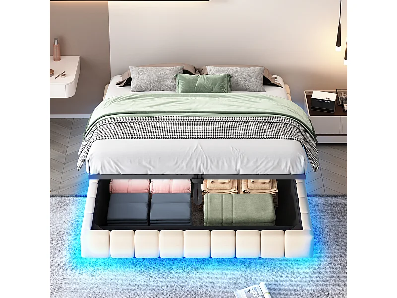 Lit rembourré 160x200 cm sans tête de lit – cadre flottant hydraulique, LED, rangement intégré – Lin beige (sans matelas)