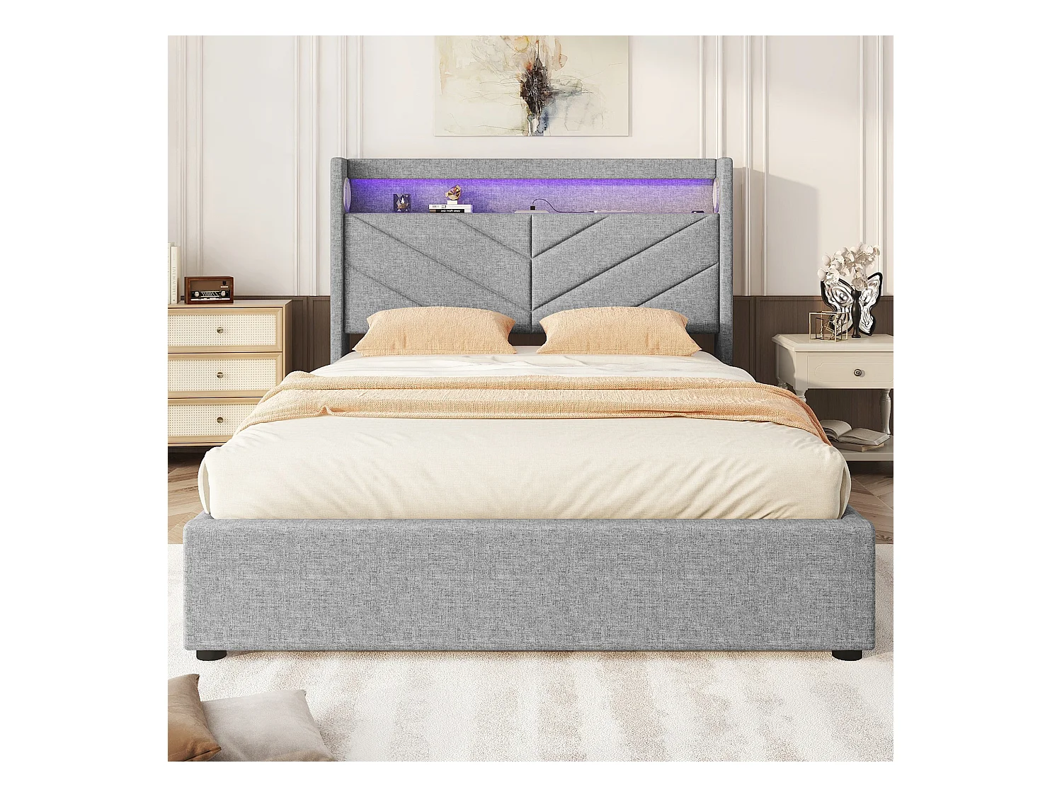 Lit design high-tech 140x190 cm - Éclairage RGB télécommandé + avec haut-parleurs et Charge USB - Housse en lin gris (sans matelas)