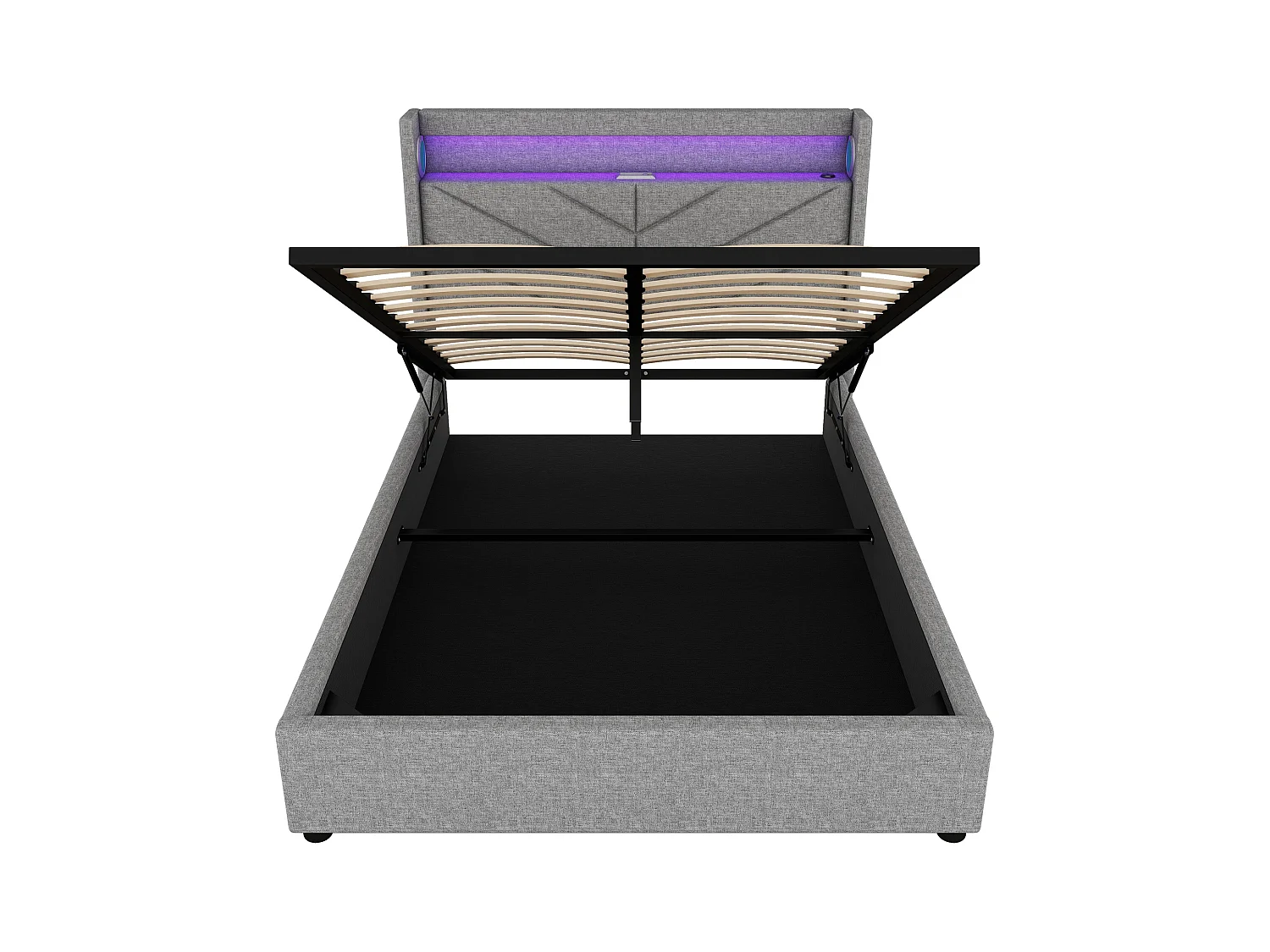 Lit design high-tech 140x190 cm - Éclairage RGB télécommandé + avec haut-parleurs et Charge USB - Housse en lin gris (sans matelas)