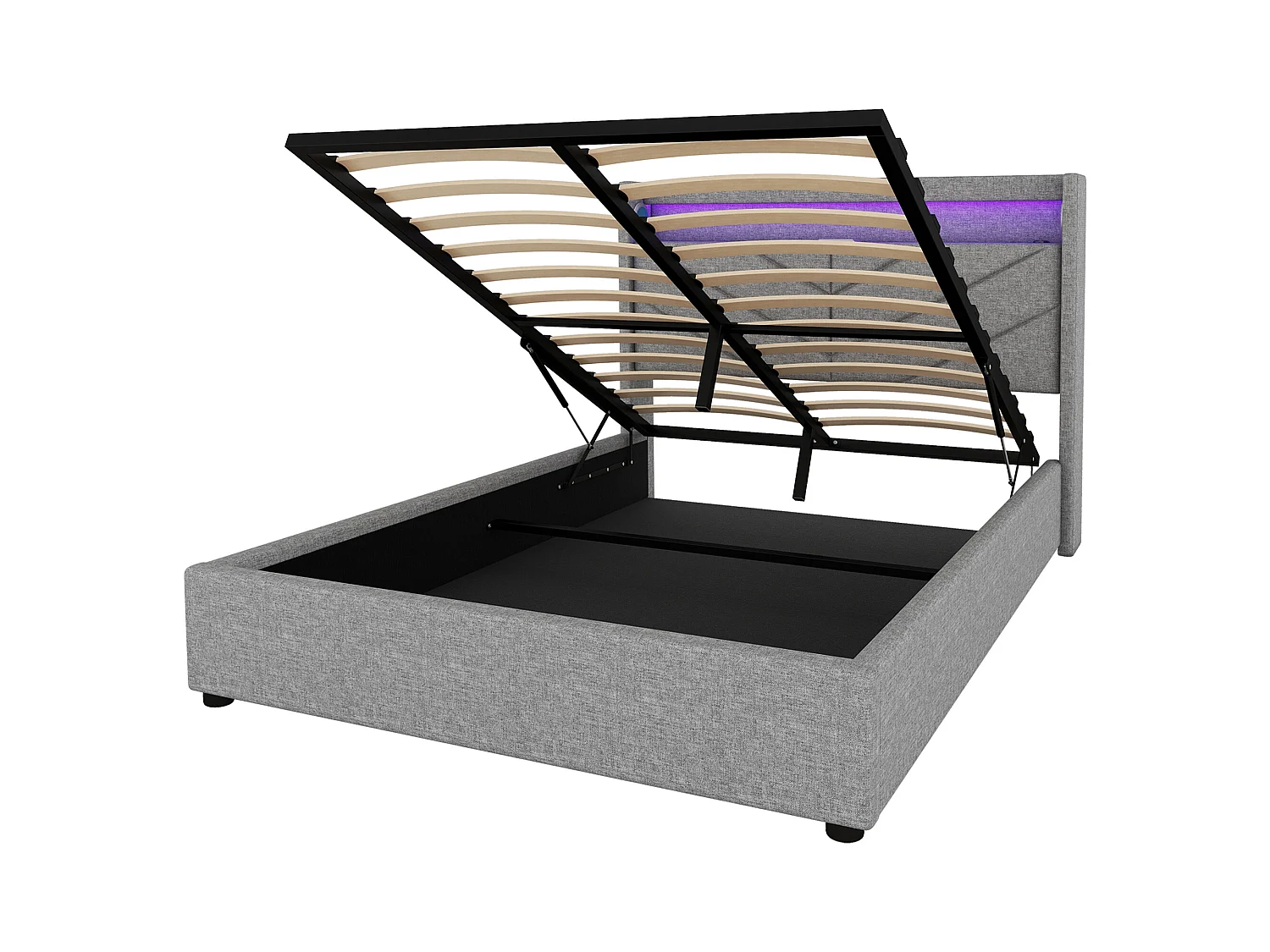 Lit design high-tech 140x190 cm - Éclairage RGB télécommandé + avec haut-parleurs et Charge USB - Housse en lin gris (sans matelas)