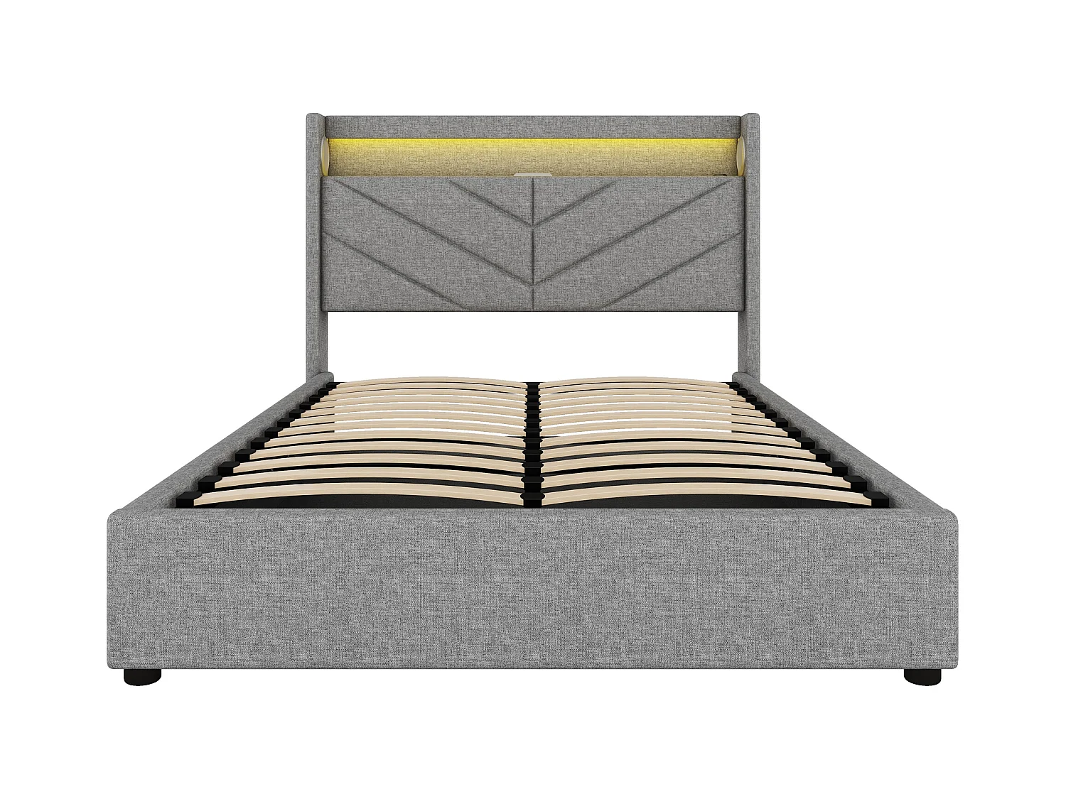 Lit design high-tech 140x190 cm - Éclairage RGB télécommandé + avec haut-parleurs et Charge USB - Housse en lin gris (sans matelas)