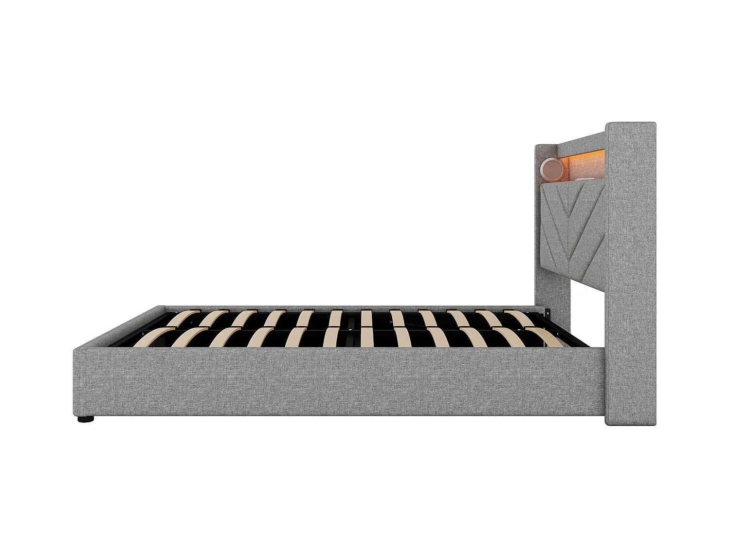 Lit design high-tech 140x190 cm - Éclairage RGB télécommandé + avec haut-parleurs et Charge USB - Housse en lin gris (sans matelas)