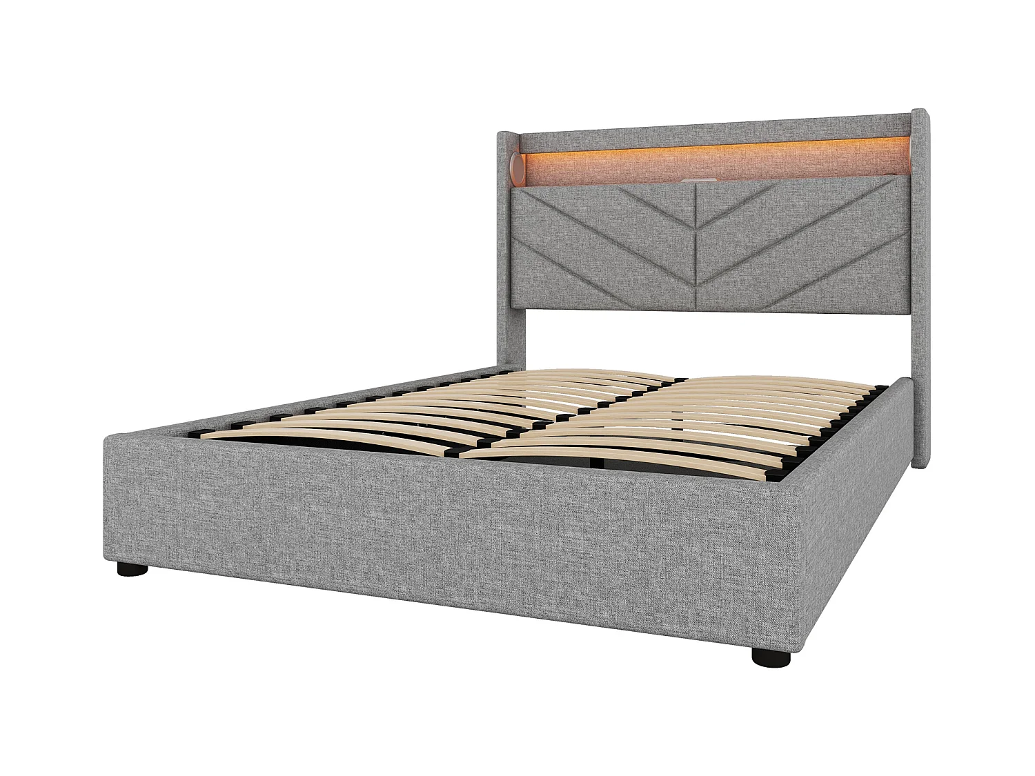 Cama design high-tech 140x190 cm – Iluminação RGB com controlo remoto, alto-falantes e carregamento USB – Revestida em linho cinza (sem colchão)