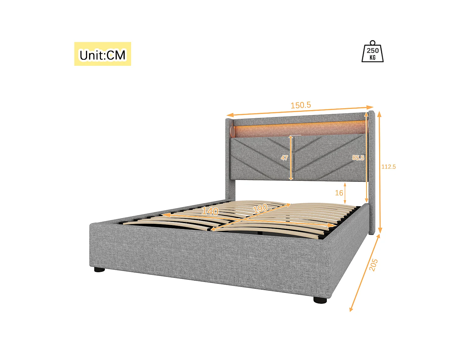 Cama design high-tech 140x190 cm – Iluminação RGB com controlo remoto, alto-falantes e carregamento USB – Revestida em linho cinza (sem colchão)