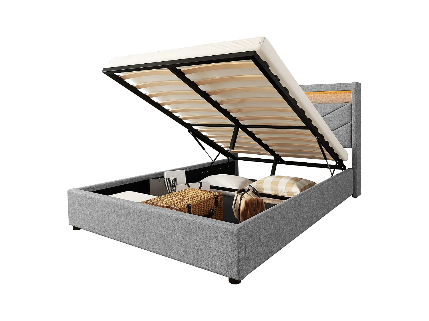 Cama design high-tech 140x190 cm – Iluminação RGB com controlo remoto, alto-falantes e carregamento USB – Revestida em linho cinza (sem colchão)