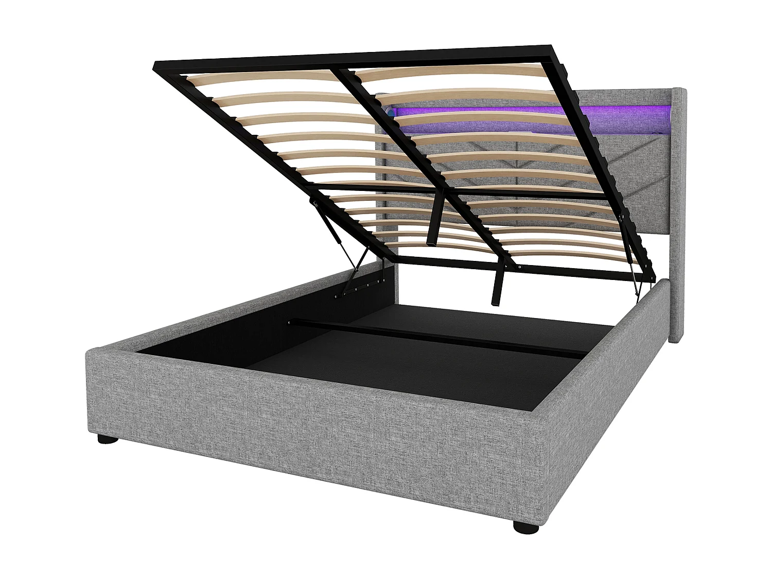 Lit design high-tech 140x190 cm - Éclairage RGB télécommandé + avec haut-parleurs et Charge USB - Housse en lin gris (sans matelas)