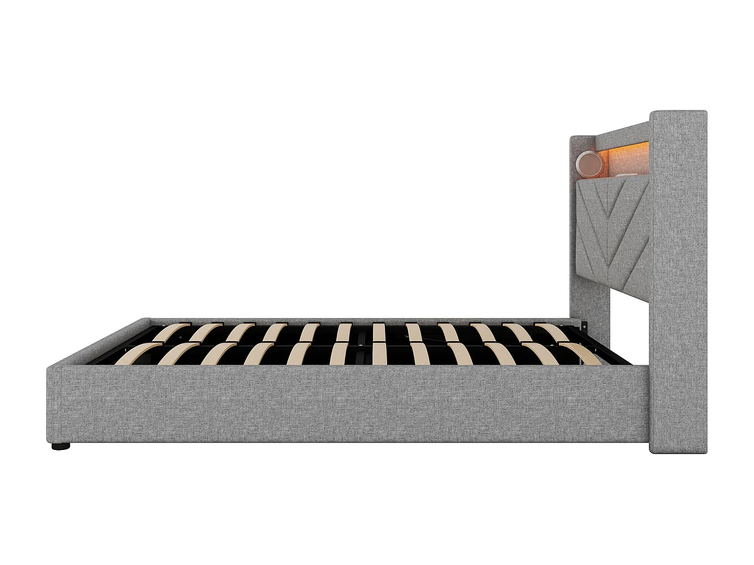 Lit design high-tech 140x190 cm - Éclairage RGB télécommandé + avec haut-parleurs et Charge USB - Housse en lin gris (sans matelas)