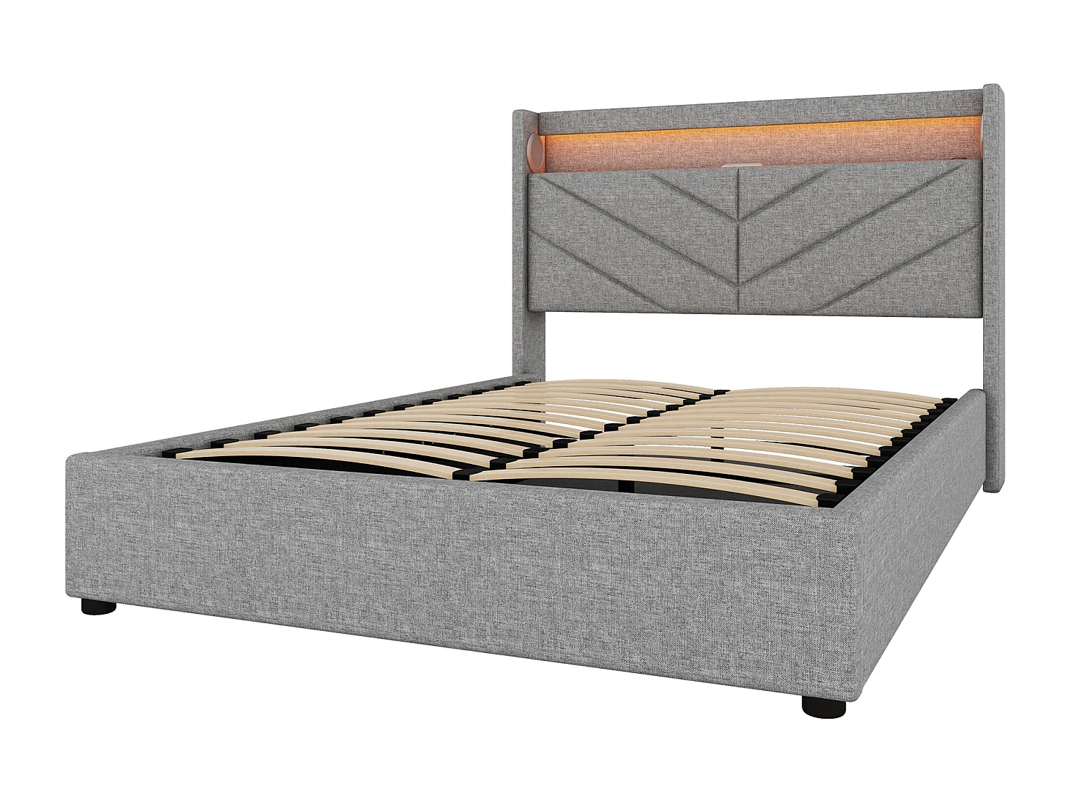 Lit design high-tech 140x190 cm - Éclairage RGB télécommandé + avec haut-parleurs et Charge USB - Housse en lin gris (sans matelas)