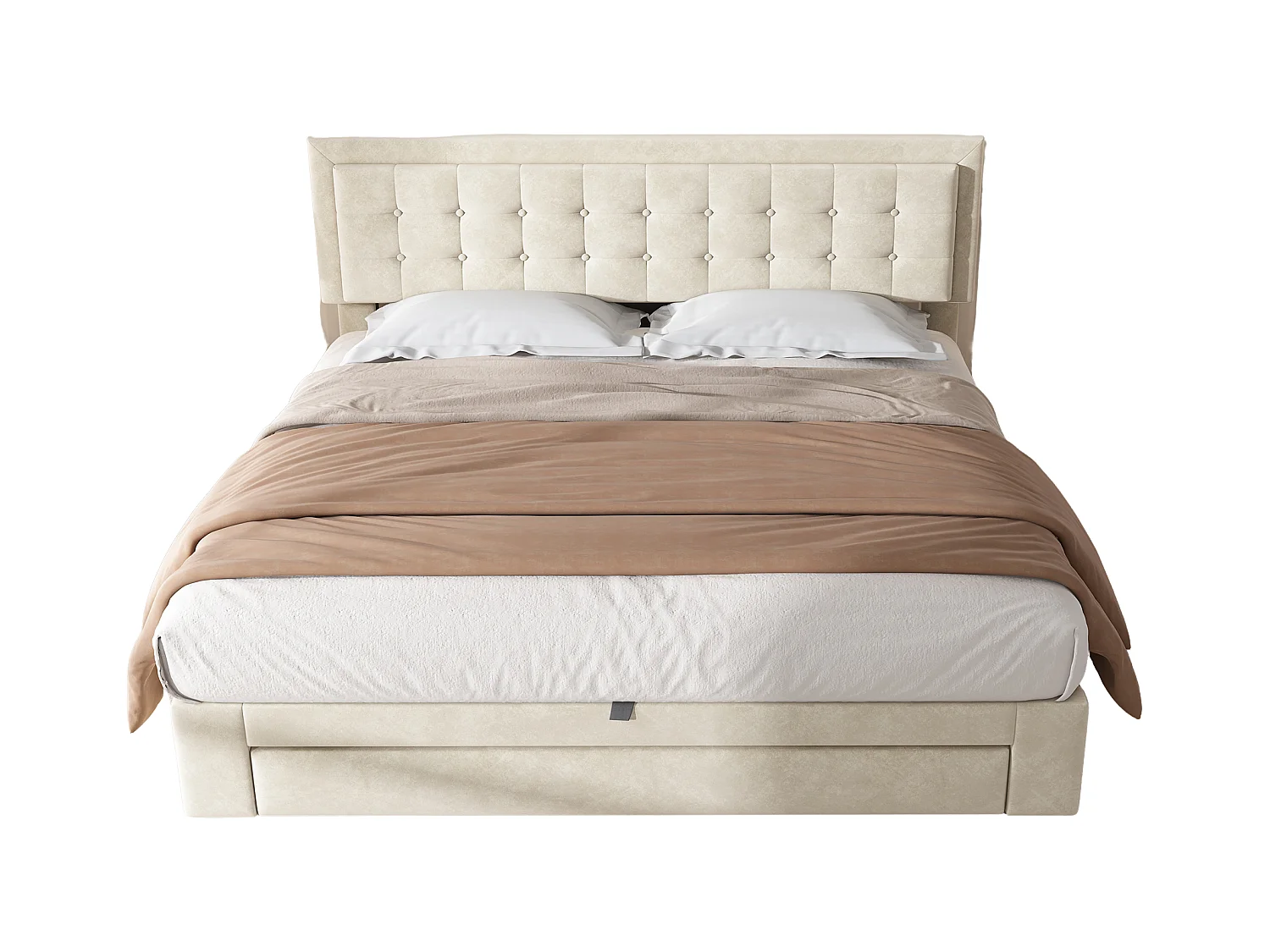 Cama doble con almacenaje 160x200 cm - Tapizado en terciopelo beige suave (colchón no incluido)