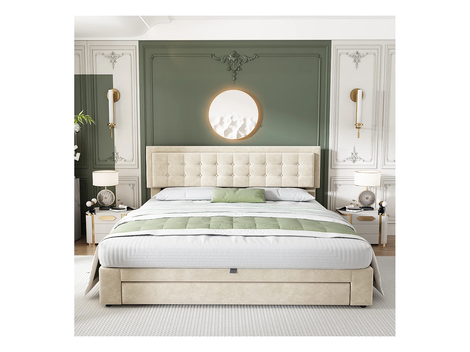 Lit coffre adulte 160x200 cm beige en velours, rangement, sans matelas