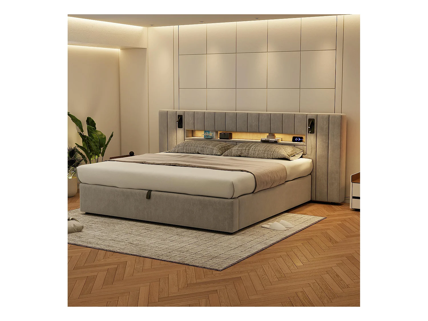 Tweepersoonsbed 180x200 met opbergruimte, USB, LED-verlichting, nachtlampje, grijs fluweel, zonder matras
