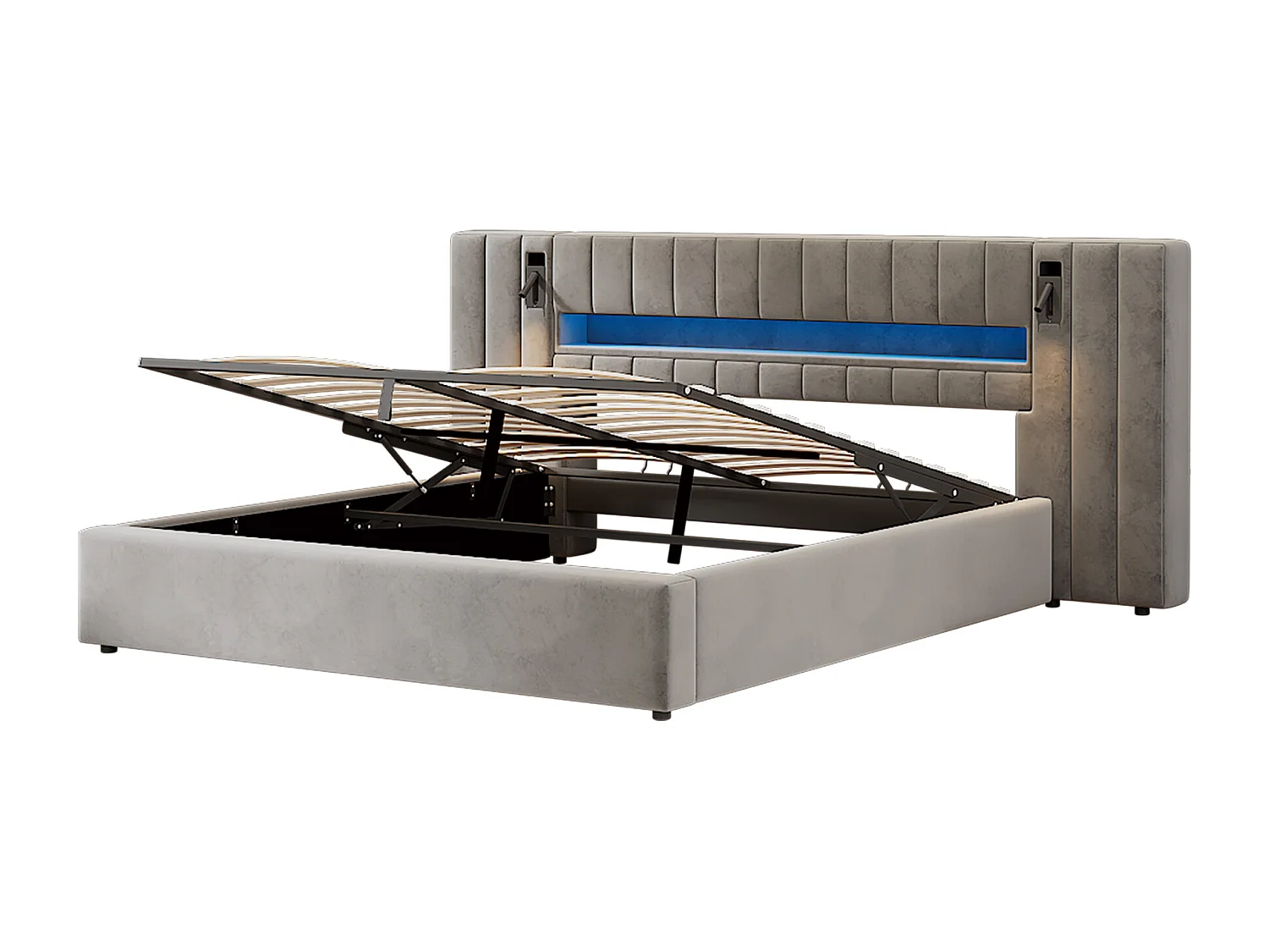 Tweepersoonsbed 180x200 met opbergruimte, USB, LED-verlichting, nachtlampje, grijs fluweel, zonder matras