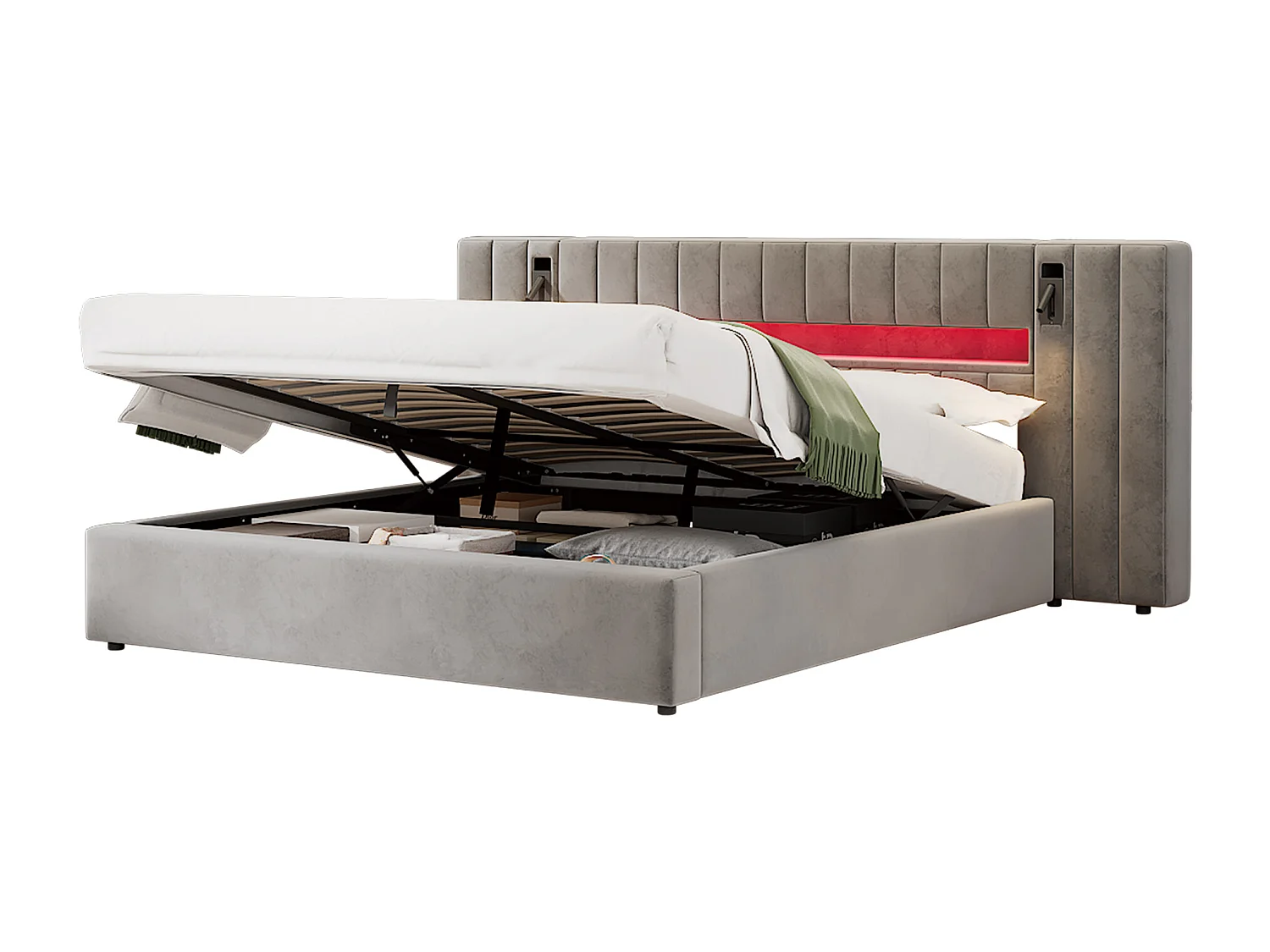 Tweepersoonsbed 180x200 met opbergruimte, USB, LED-verlichting, nachtlampje, grijs fluweel, zonder matras