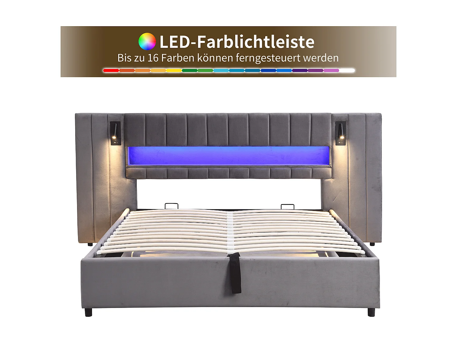 Tweepersoonsbed 180x200 met opbergruimte, USB, LED-verlichting, nachtlampje, grijs fluweel, zonder matras