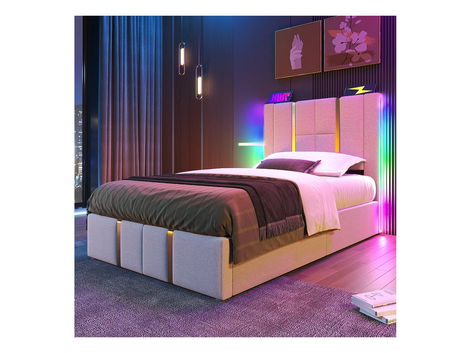 Lit simple connecté 90x200 cm - Chargement USB-C & LED pilotable par appli - Tissu lin beige (sans matelas)