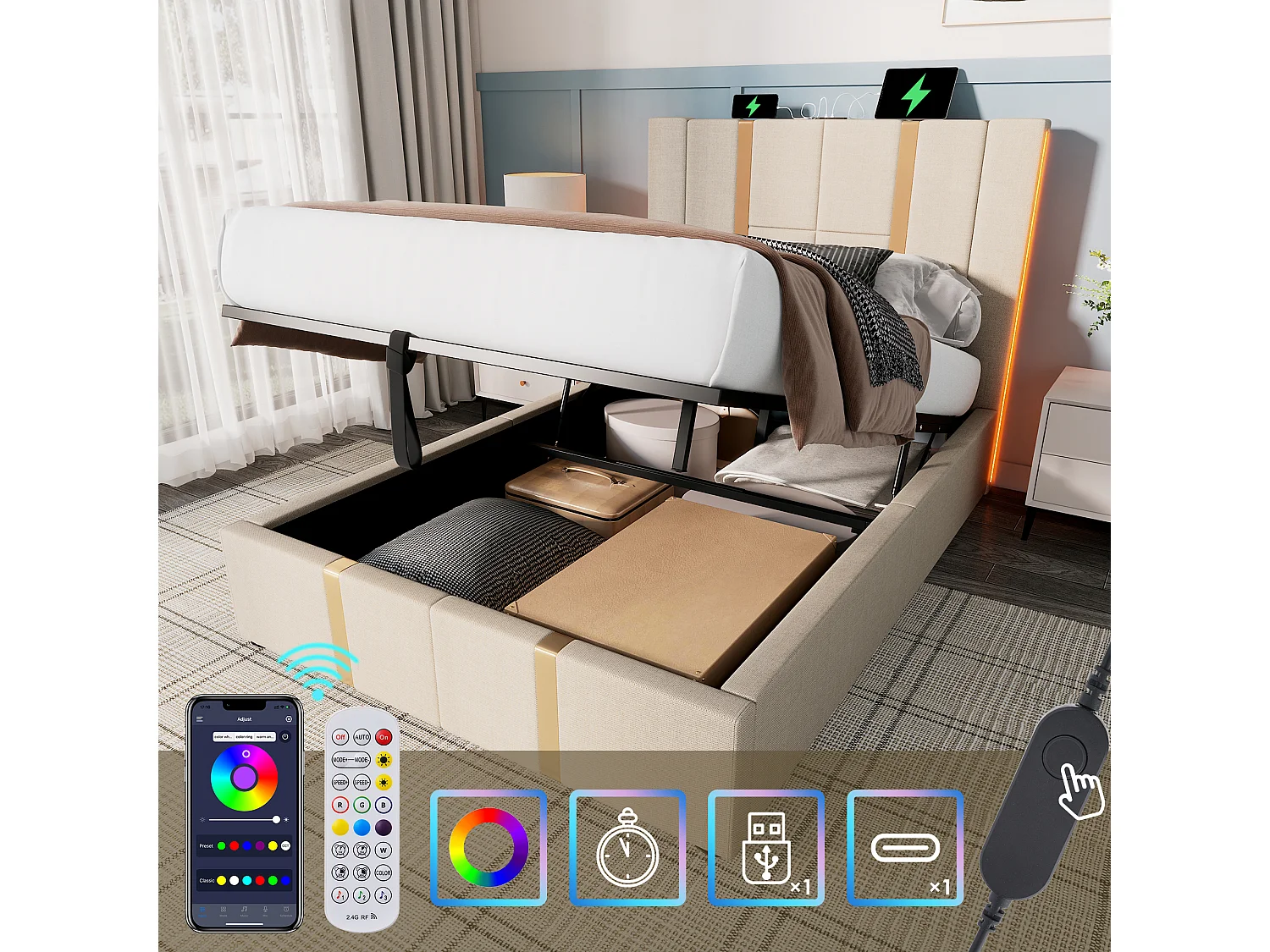 Lit simple connecté 90x200 cm - Chargement USB-C & LED pilotable par appli - Tissu lin beige (sans matelas)