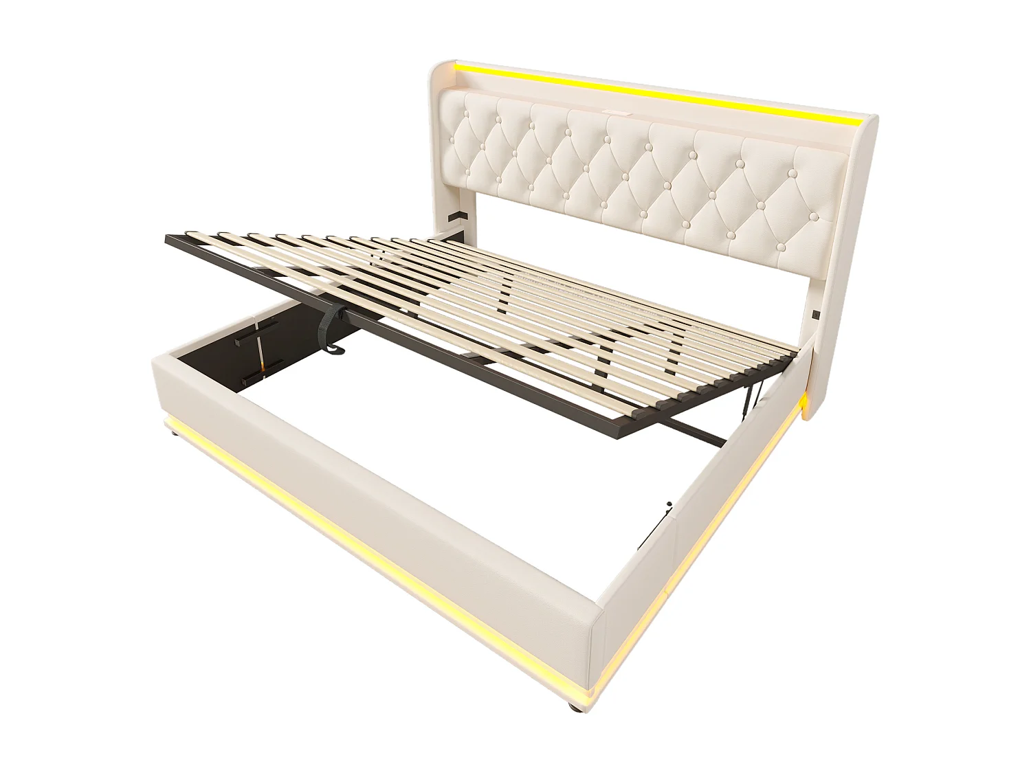 Lit coffre adulte 180x200 cm avec LED,  tête de lit rembourrée avec port USB Type-C ,en matériau PU, sans matelas