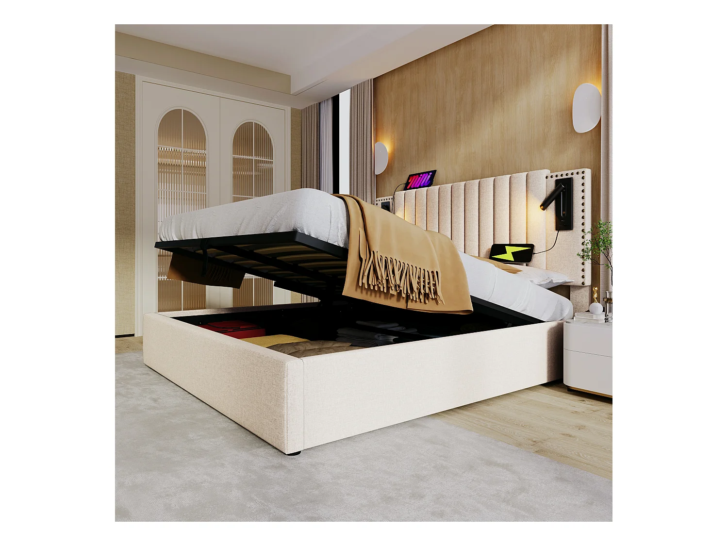 Lit coffre adulte 140x200cm - Tête de lit avec LED/USB - Coton beige (sans matelas)