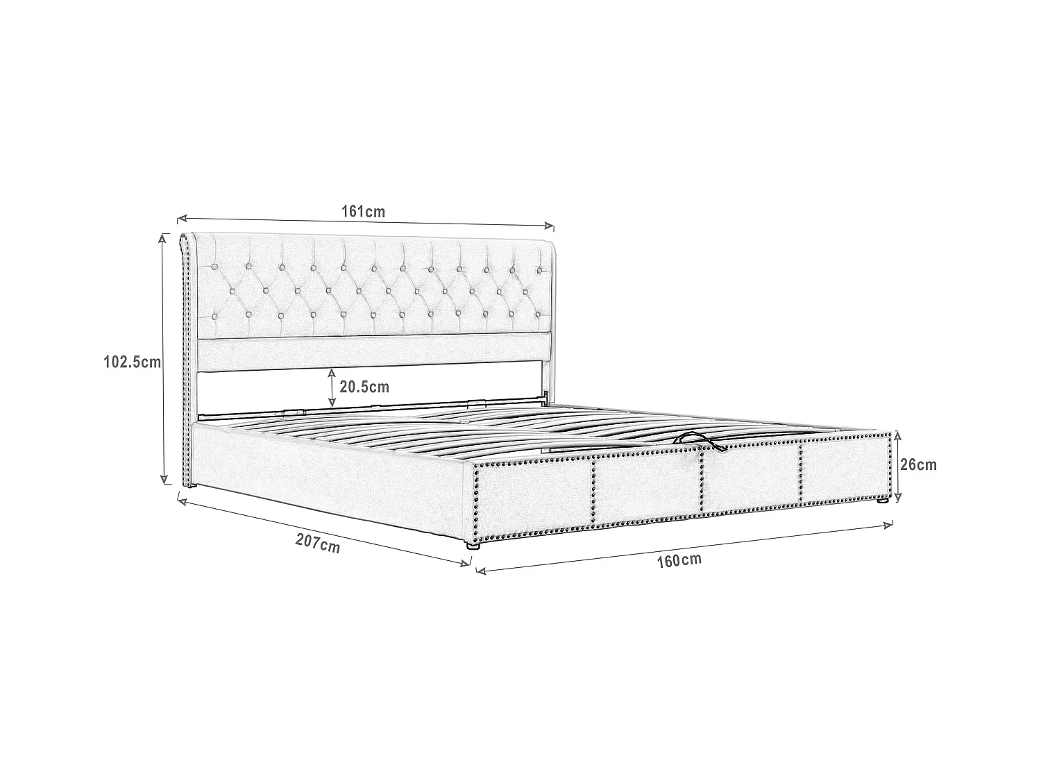 Lit coffre adulte 160x200 cm, lit adulte hydraulique avec sommier à lattes en bois, tissu en velours gris - sans matelas