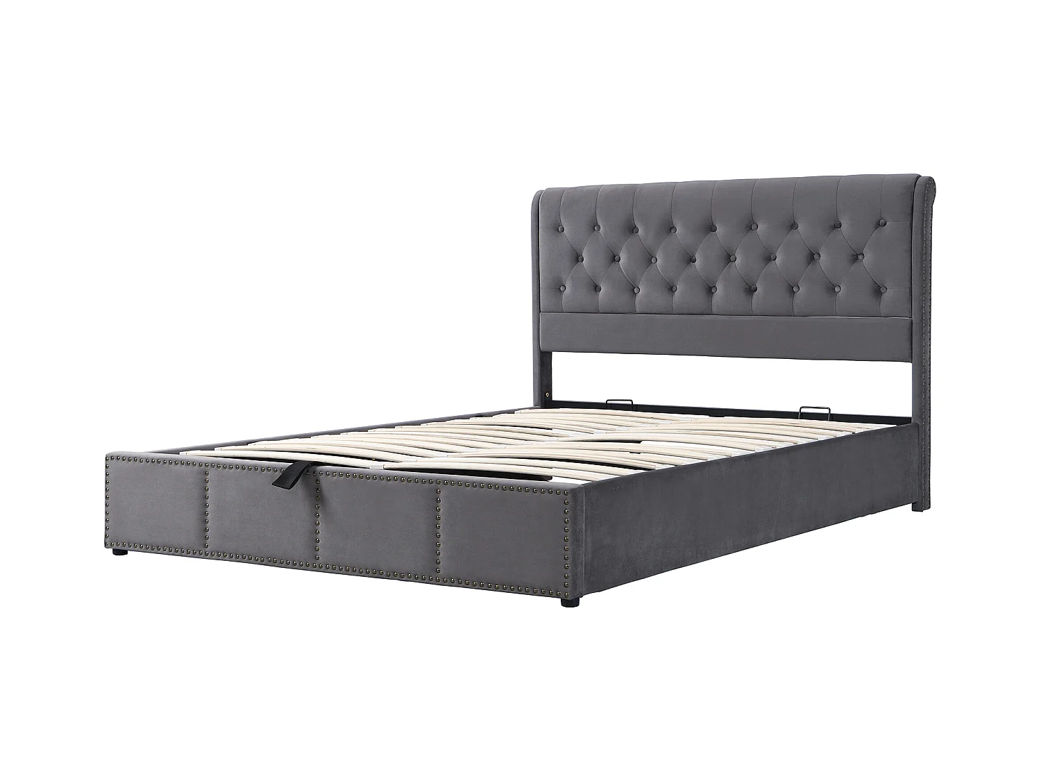 Lit coffre adulte 160x200 cm, lit adulte hydraulique avec sommier à lattes en bois, tissu en velours gris - sans matelas