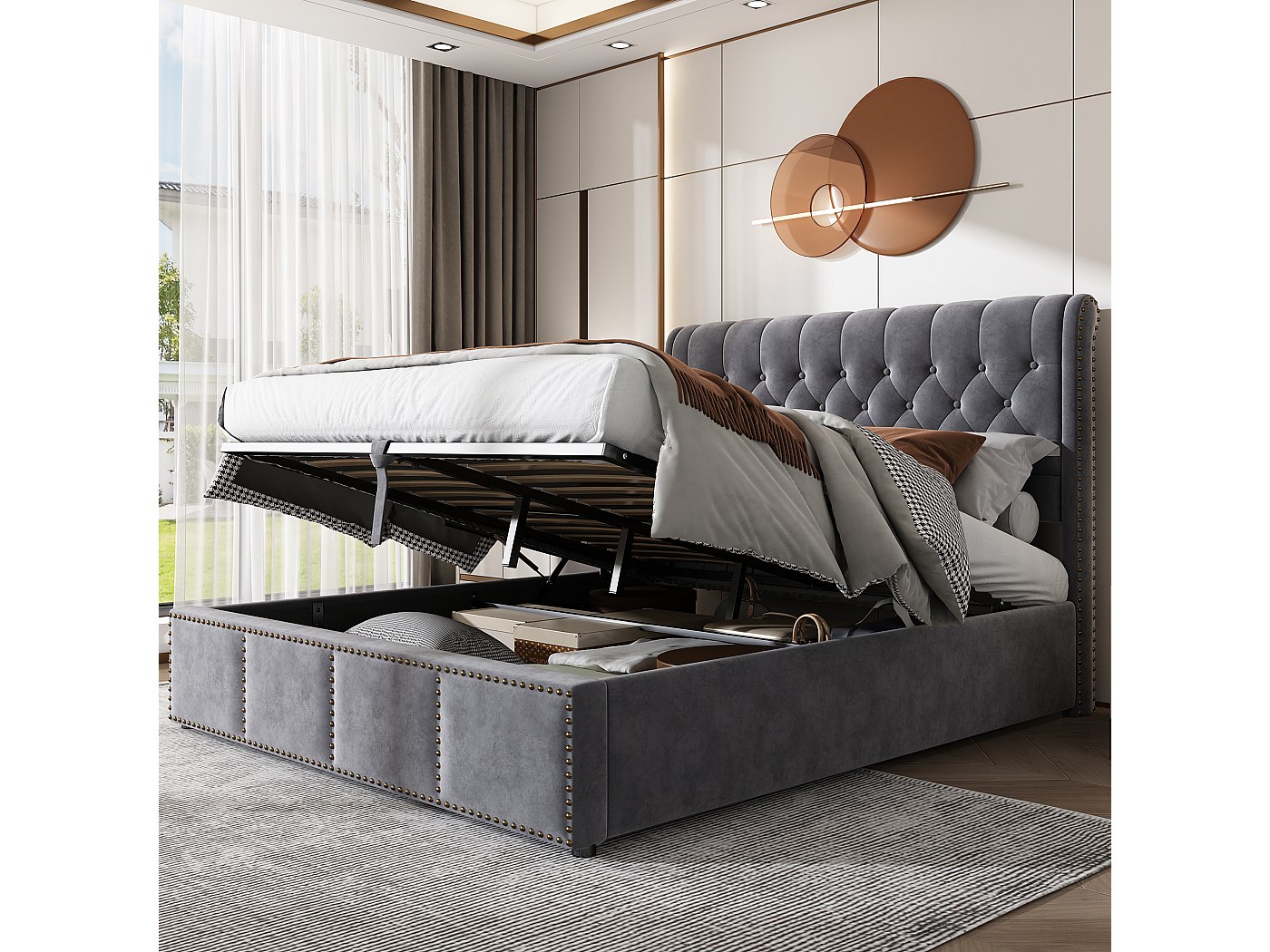 Letto Matrimoniale Imbottito Idraulico 90 X 200 Cm Con Moderna Rete A Doghe In Metallo E Contenitore Per Adolescenti E Adulti Con Materasso 88471017
