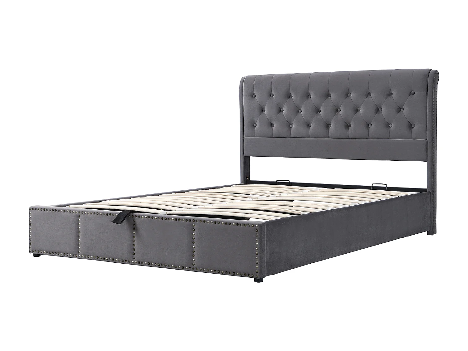 Lit coffre adulte 160x200 cm, lit adulte hydraulique avec sommier à lattes en bois, tissu en velours gris - sans matelas