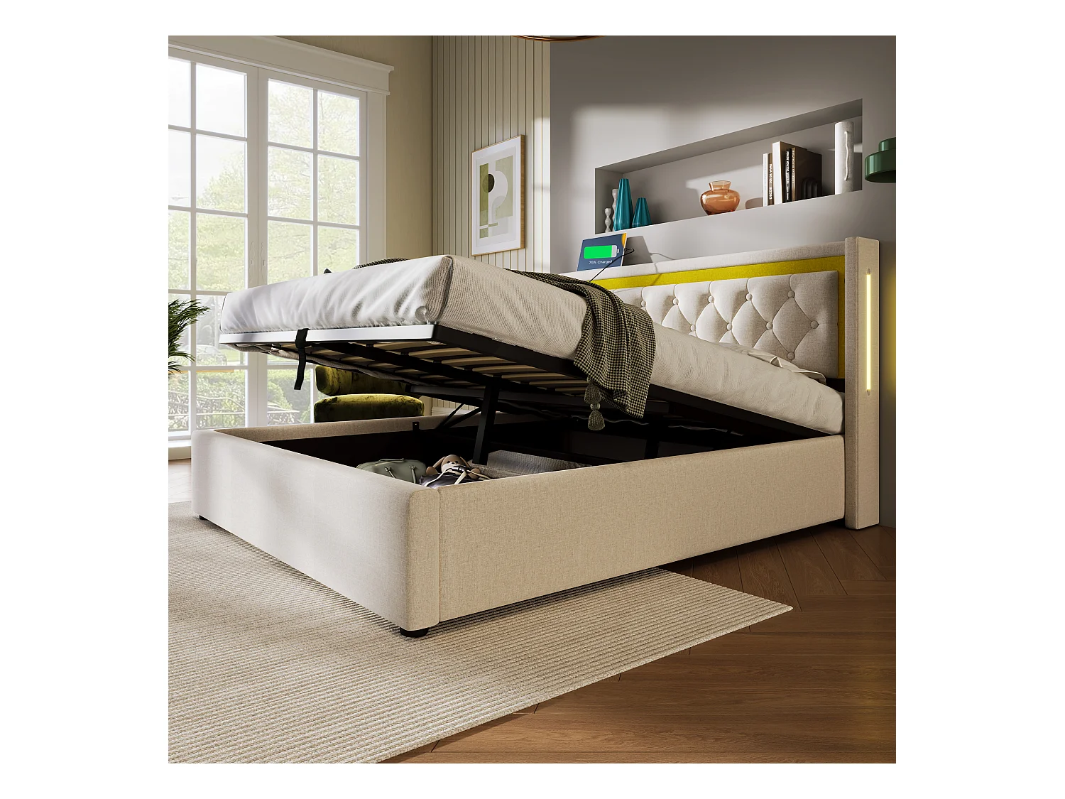 Lit coffre adulte 140x200 cm avec LED et charge USB-C - Coton gris (sans matelas)