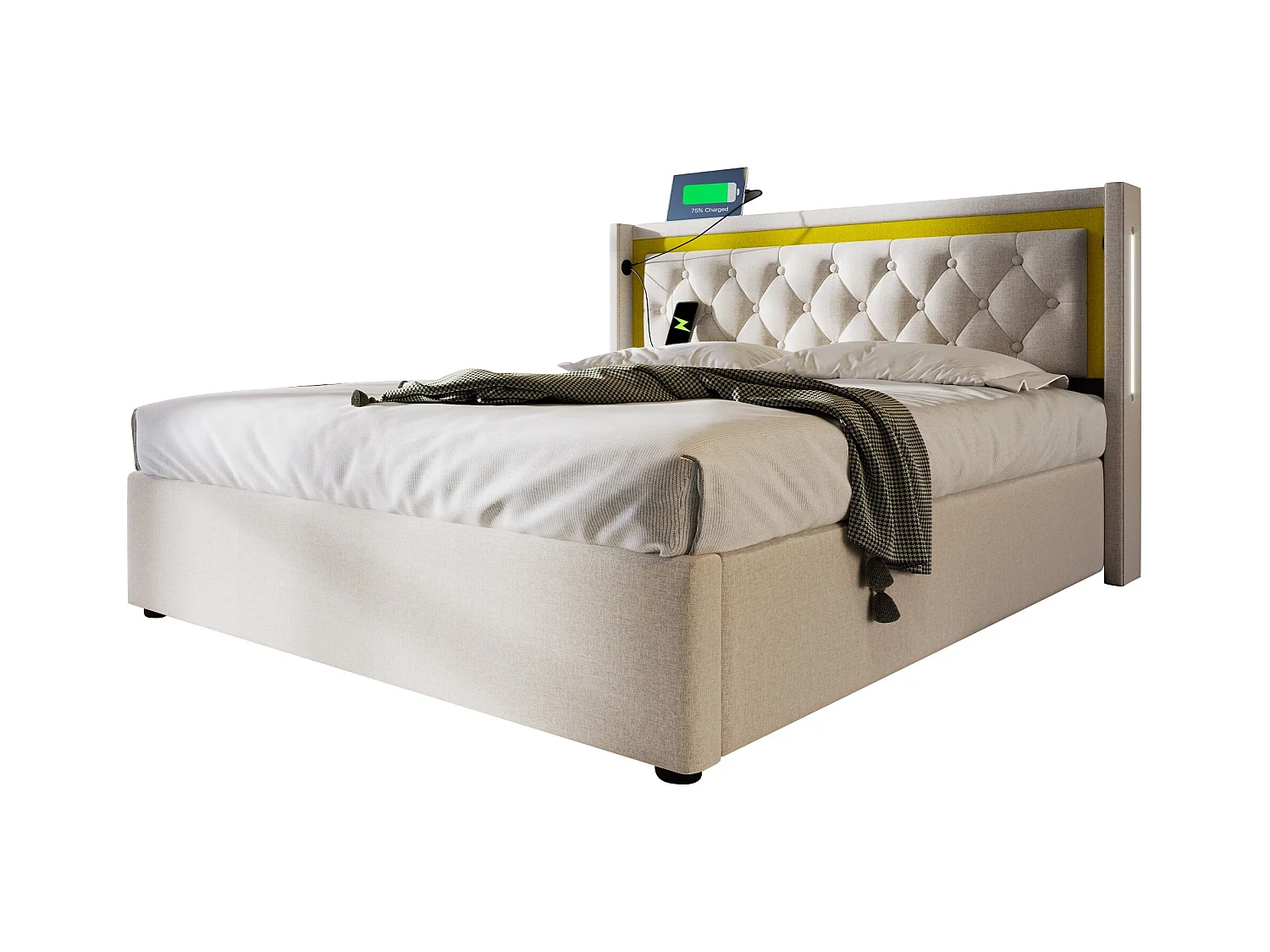 Lit coffre adulte 140x200 cm avec LED et charge USB-C - Coton gris (sans matelas)