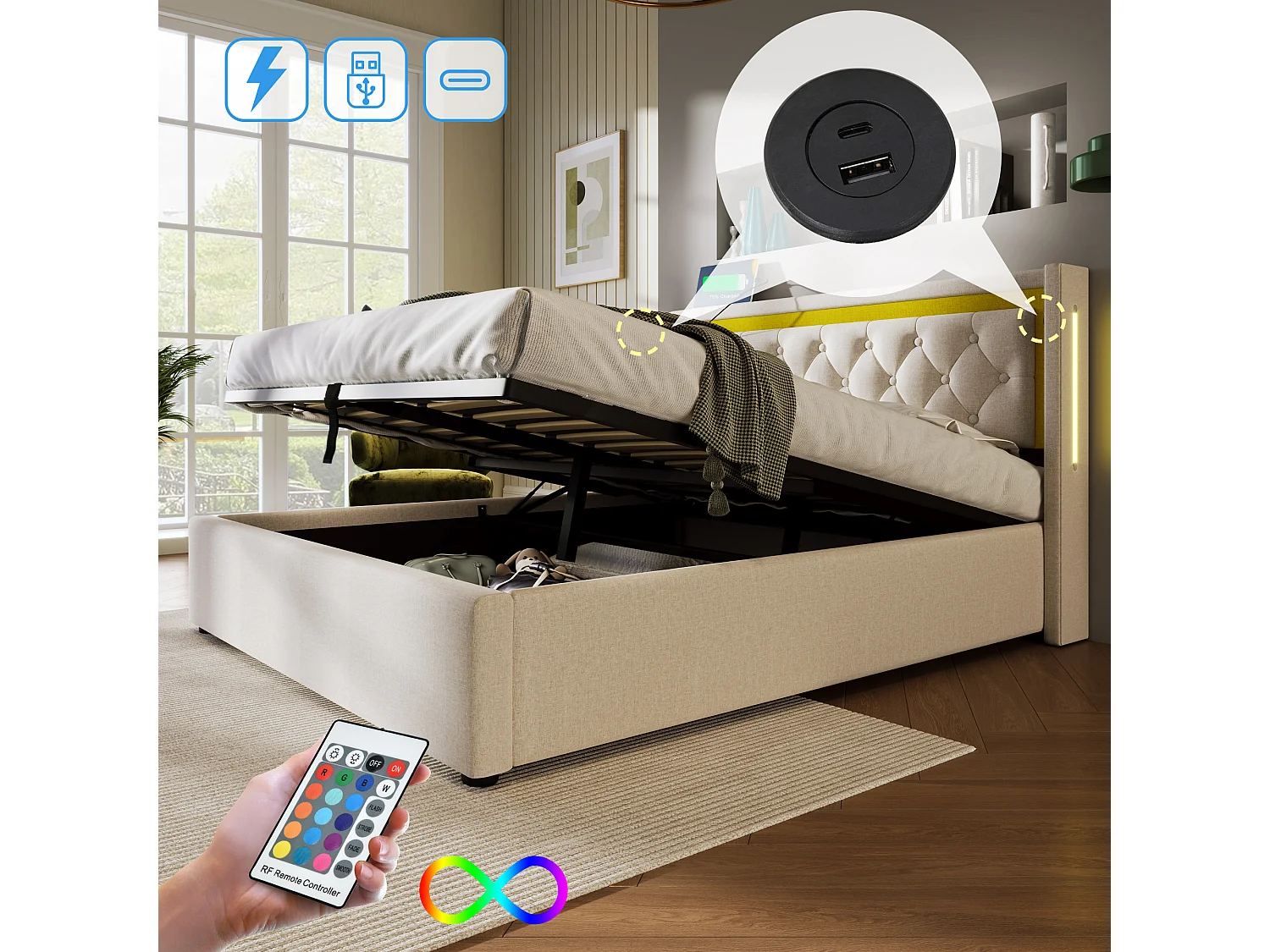 Lit coffre adulte 140x200 cm avec LED et charge USB-C - Coton gris (sans matelas)