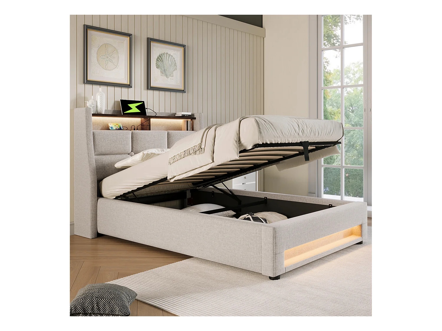 Lit coffre adulte 90x200 cm avec USB et éclairage LED, cadre métallique et en lin beige(sans matelas)