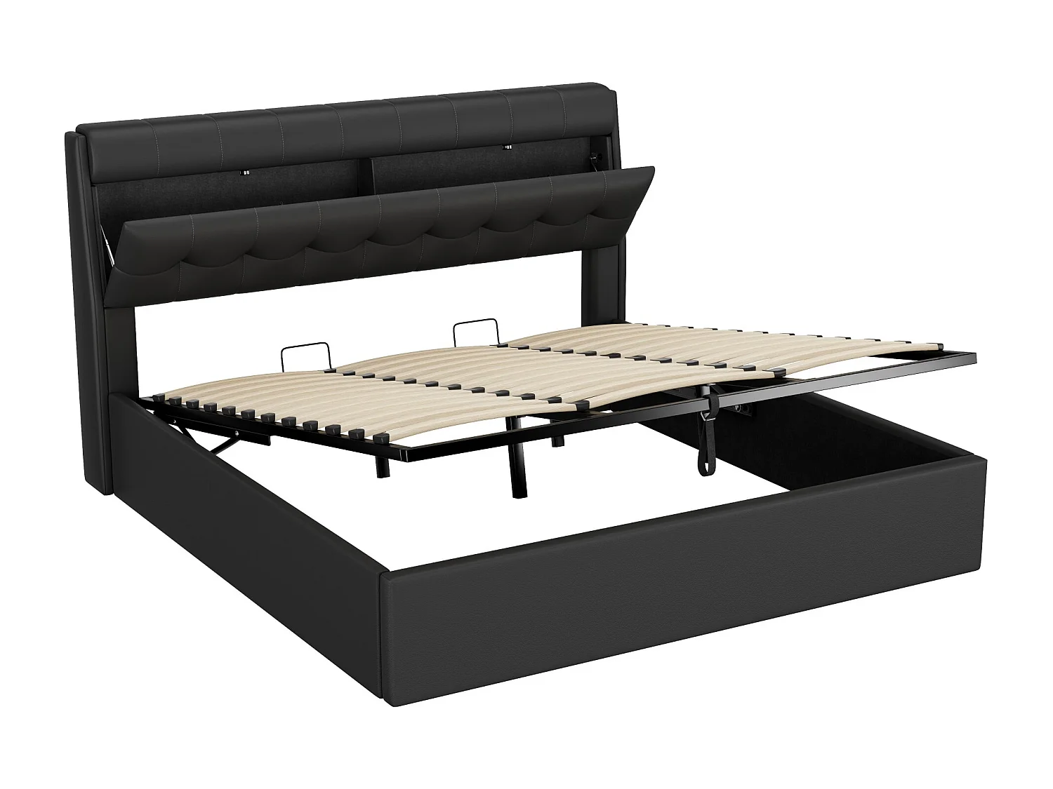 Lit coffre adulte 180x200 cm hydraulique, tête de lit réglable en PU noir avec sommier (sans matelas)