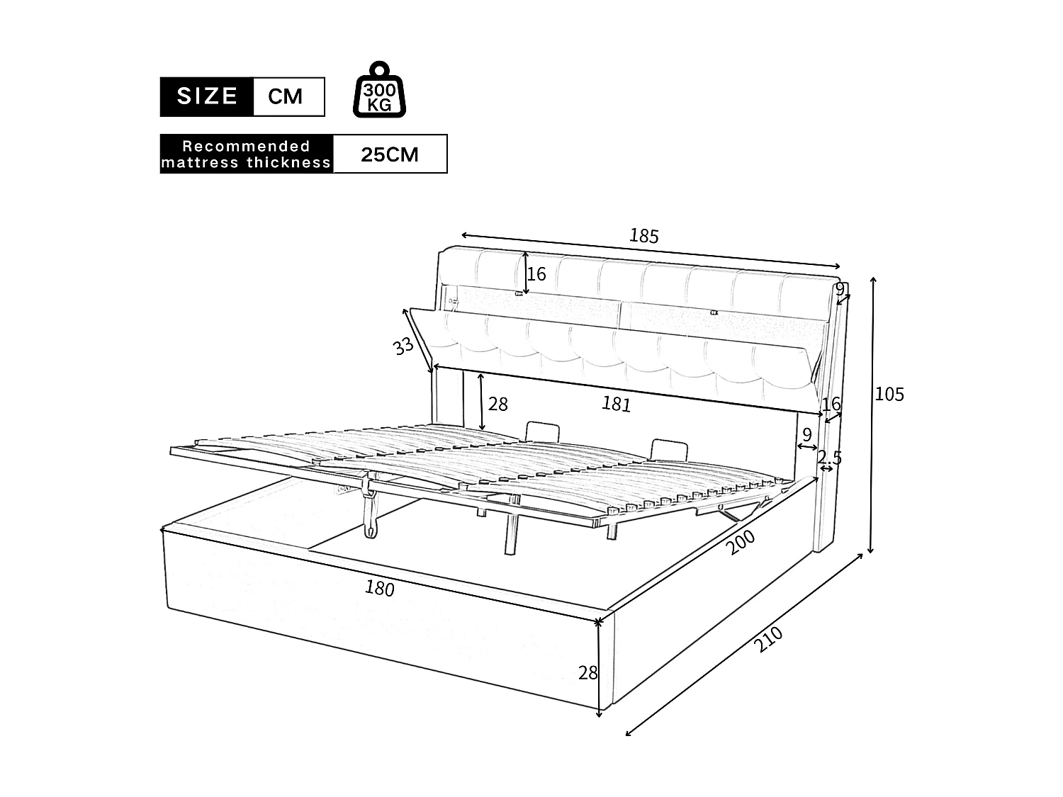 Hydraulisch tweepersoons opbergbed 180x200 cm, zwart PU met lattenbodem (zonder matras)
