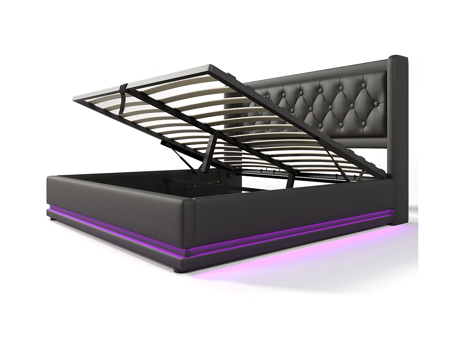 Tweepersoonsbed met opbergruimte 160x200 cm in zwart PU, hoofdbord met USB Type-C opladen en LED-verlichting aan 3 zijden (zonder matras)