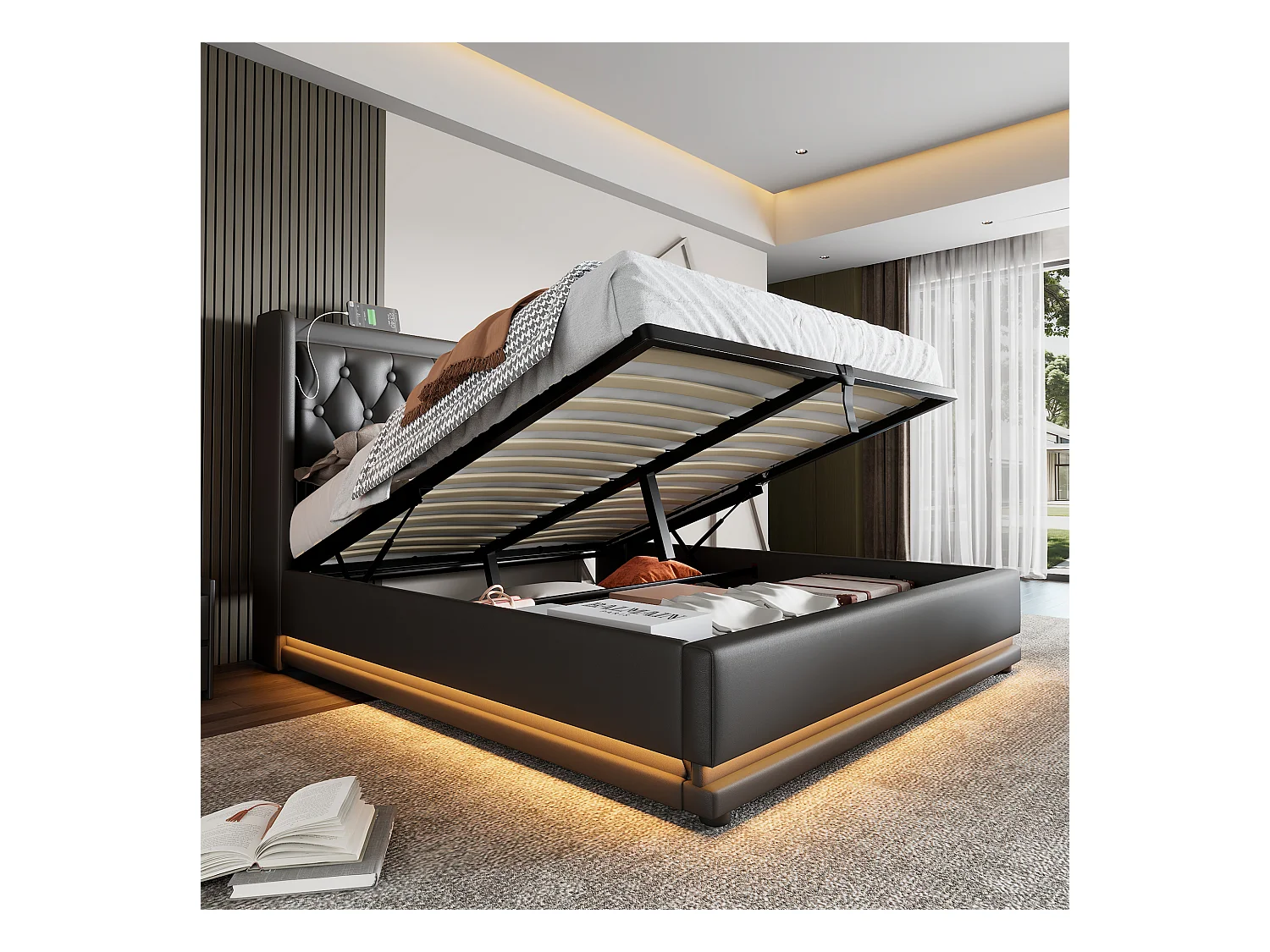 Tweepersoonsbed met opbergruimte 160x200 cm in zwart PU, hoofdbord met USB Type-C opladen en LED-verlichting aan 3 zijden (zonder matras)