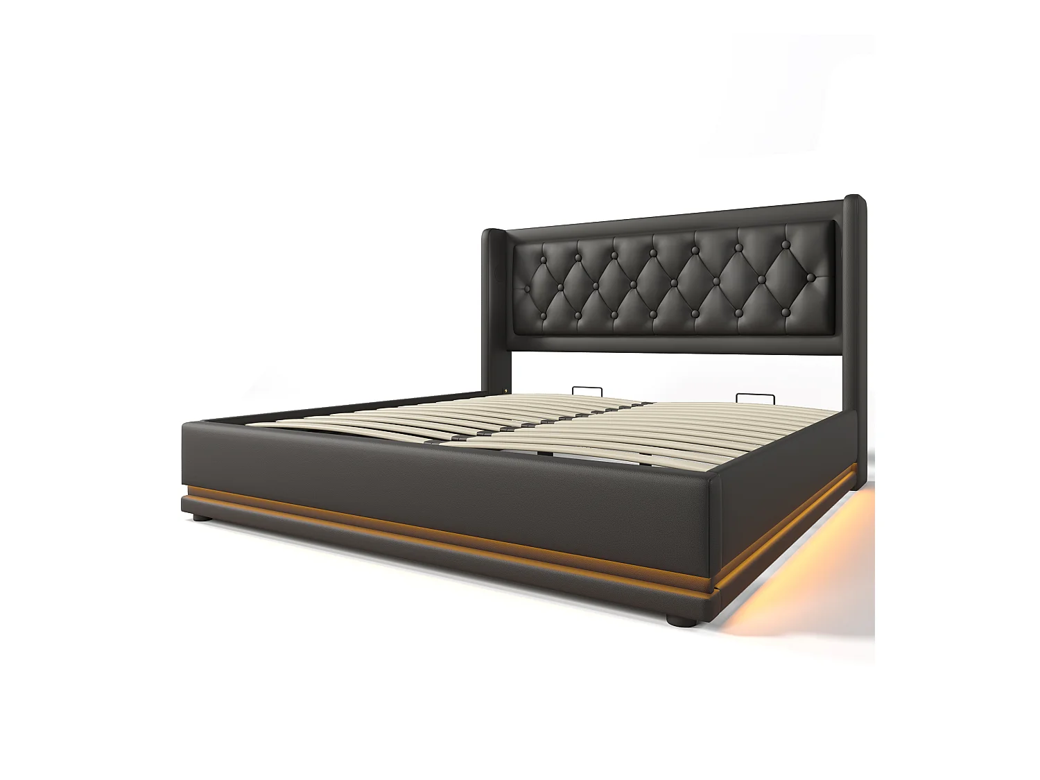 Tweepersoonsbed met opbergruimte 160x200 cm in zwart PU, hoofdbord met USB Type-C opladen en LED-verlichting aan 3 zijden (zonder matras)