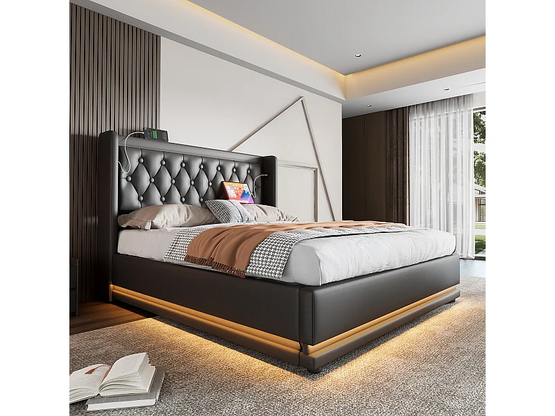 Lit coffre adulte 160x200 cm en PU noir, tête de lit avec chargement USB Type-C, éclairage LED sur 3 côtés (sans matelas)
