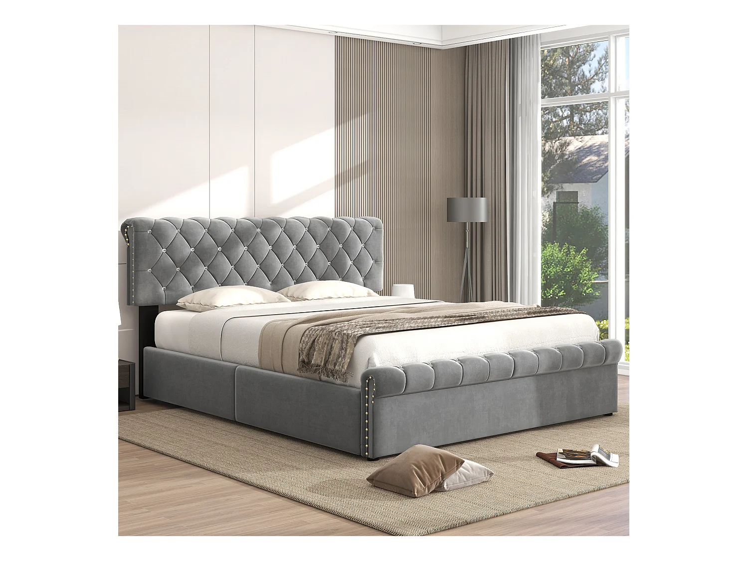 Lit coffre adulte hydraulique 140x200 cm - Tête de lit réglable à décor cristal - Velours gris (sans matelas)
