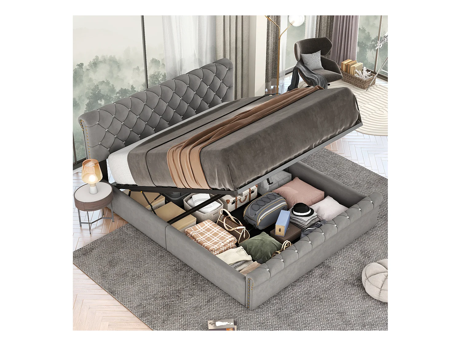 Lit coffre adulte hydraulique 140x200 cm - Tête de lit réglable à décor cristal - Velours gris (sans matelas)