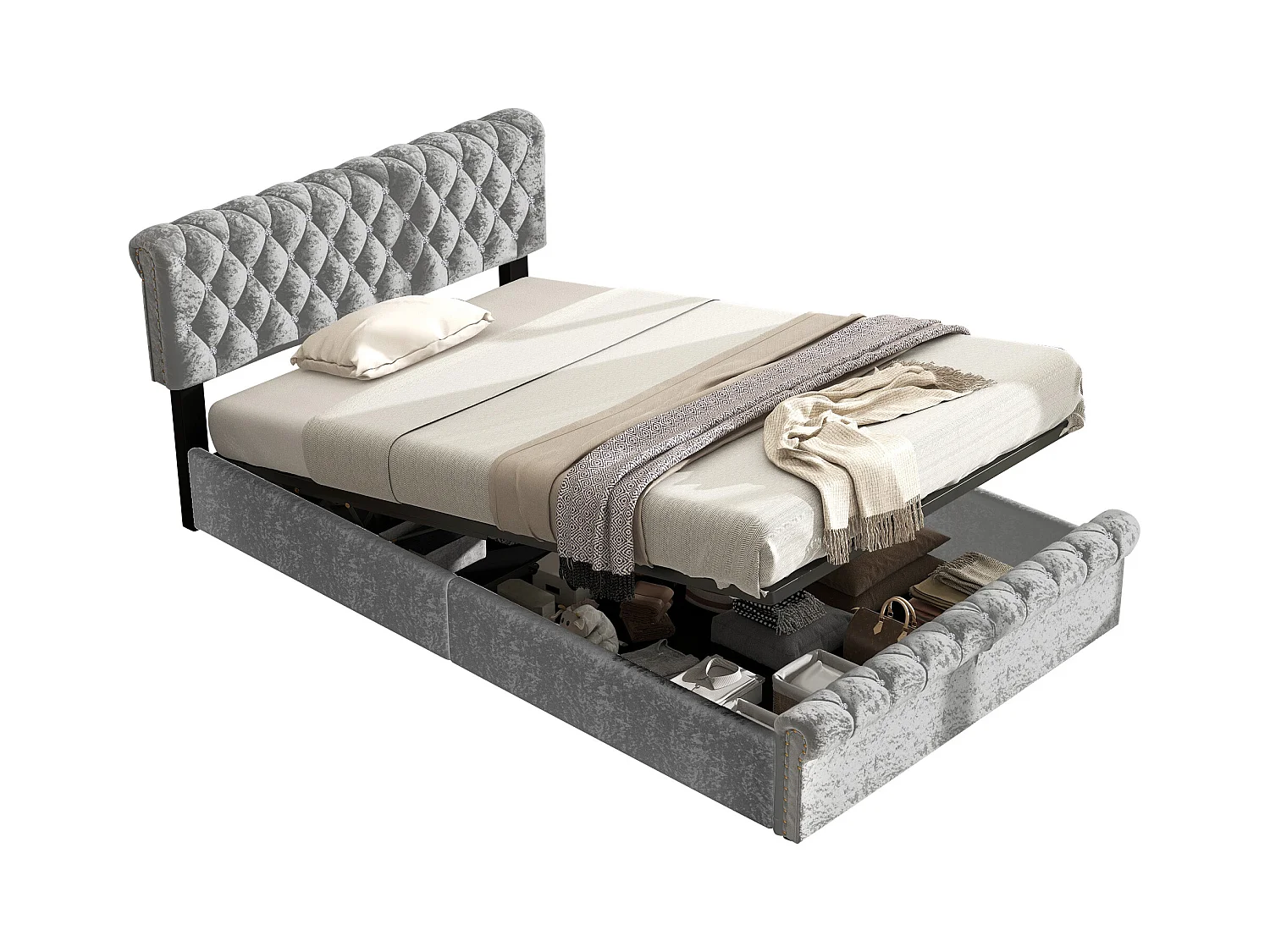 Lit coffre adulte hydraulique 140x200 cm - Tête de lit réglable à décor cristal - Velours gris (sans matelas)