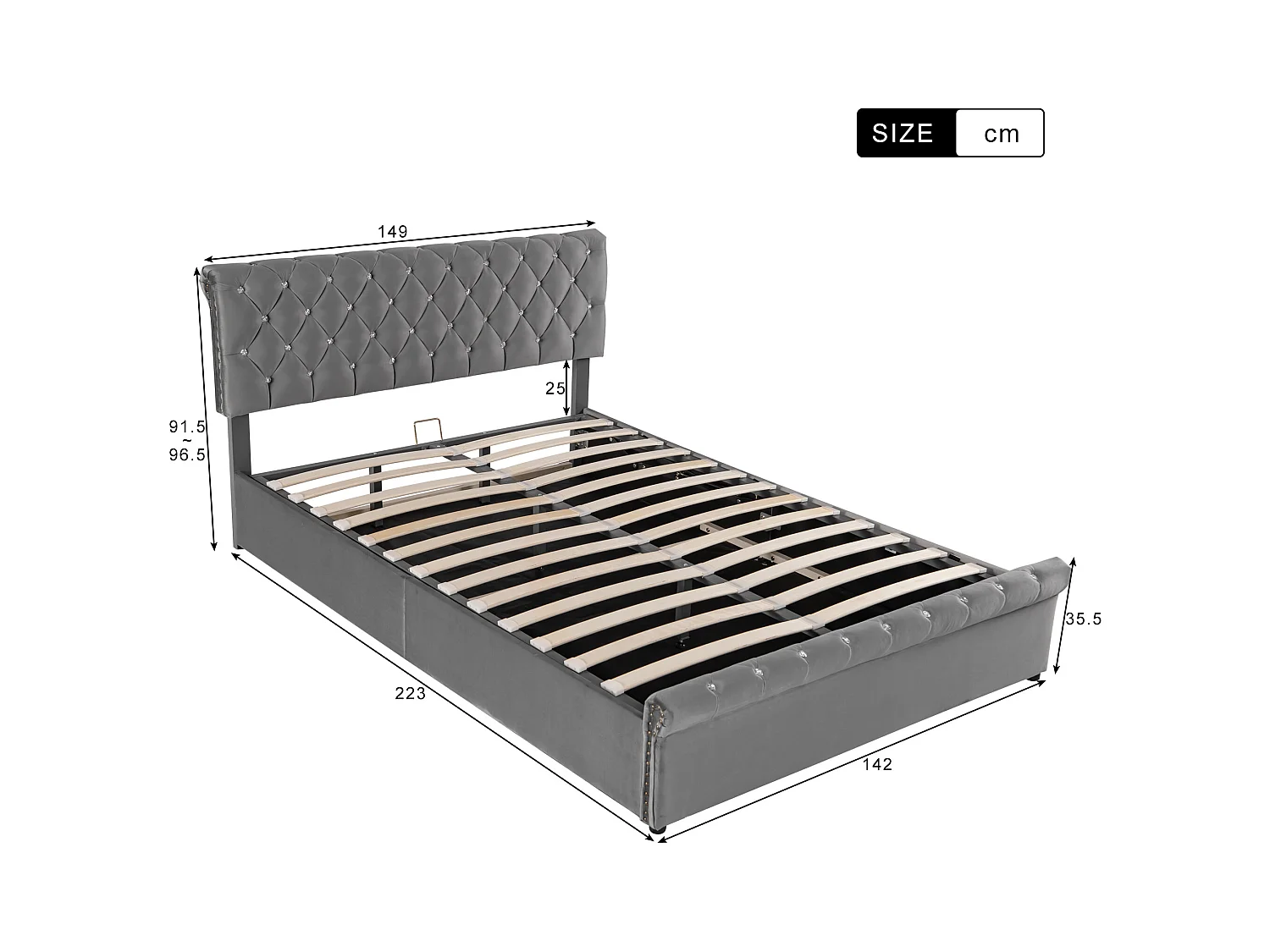Lit coffre adulte hydraulique 140x200 cm - Tête de lit réglable à décor cristal - Velours gris (sans matelas)