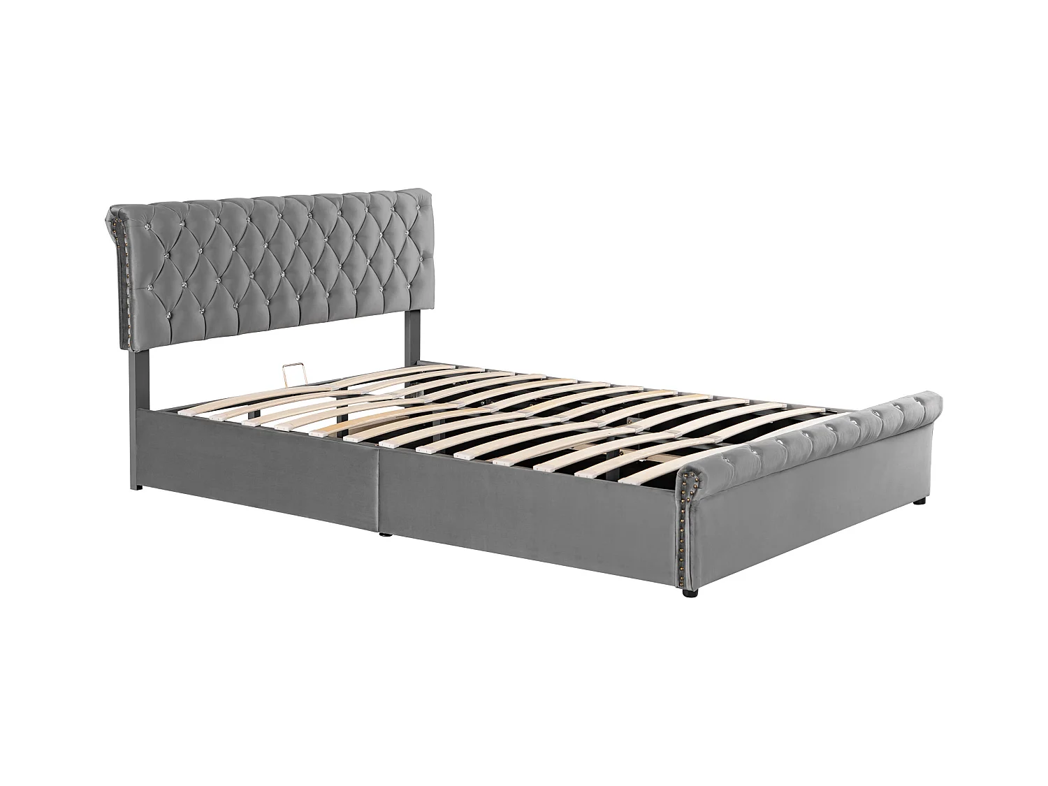 Lit coffre adulte hydraulique 140x200 cm - Tête de lit réglable à décor cristal - Velours gris (sans matelas)