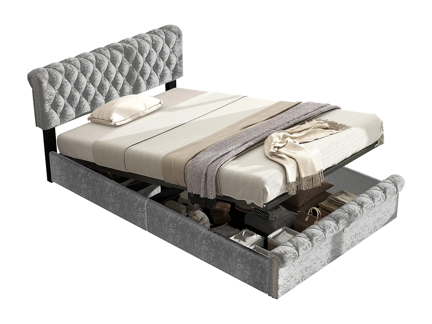 Cama baú dupla hidráulica 140x200 cm - cabeceira regulável com decoração em cristal - veludo cinza (sem colchão)