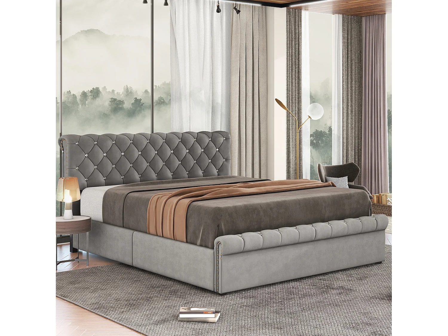 Cama baú dupla hidráulica 140x200 cm - cabeceira regulável com decoração em cristal - veludo cinza (sem colchão)