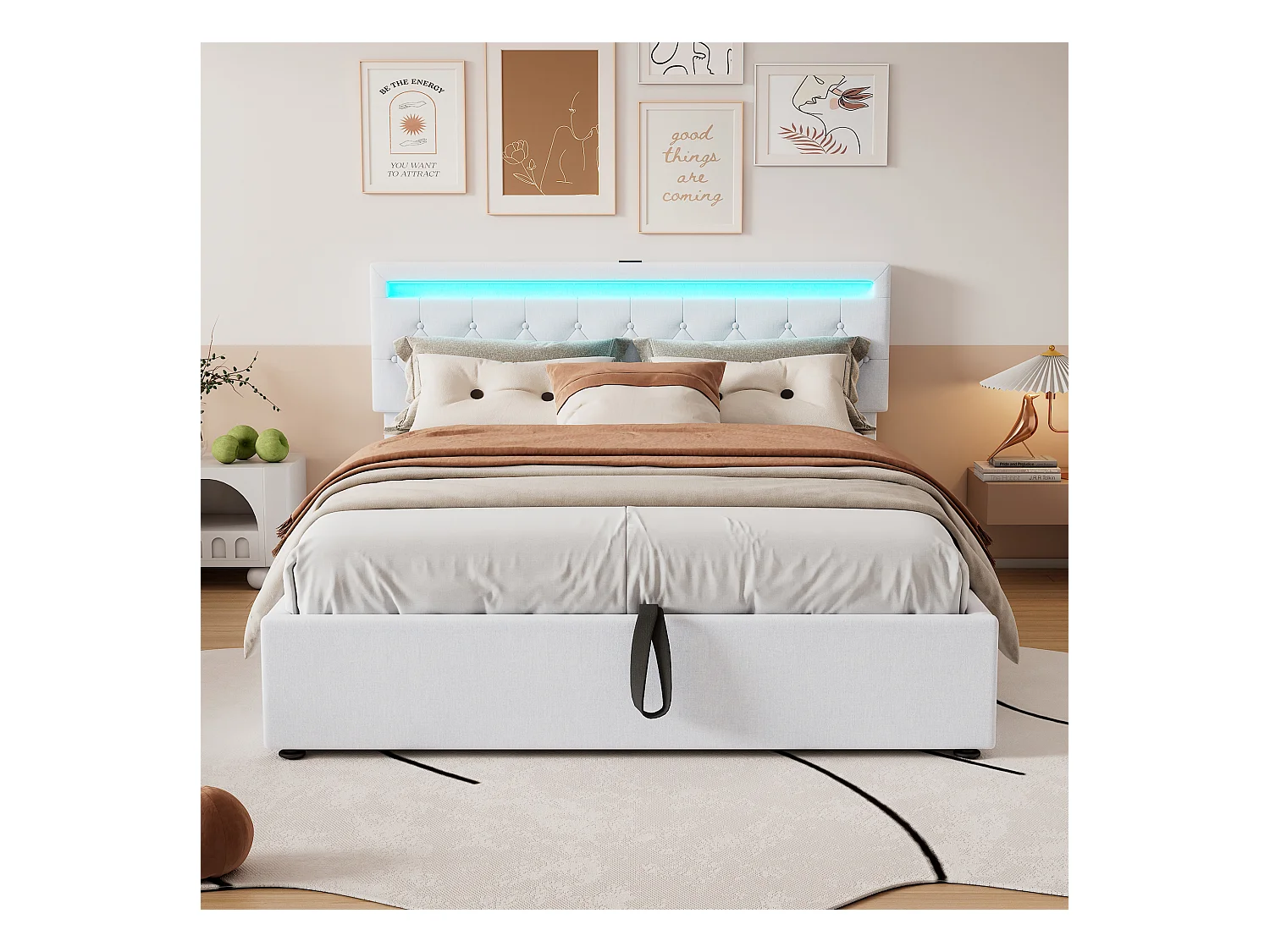 Lit coffre adulte blanc 160x200 cm avec éclairage ambiant, télécommande 24 touches, prises USB et Type-C(sans matelas)