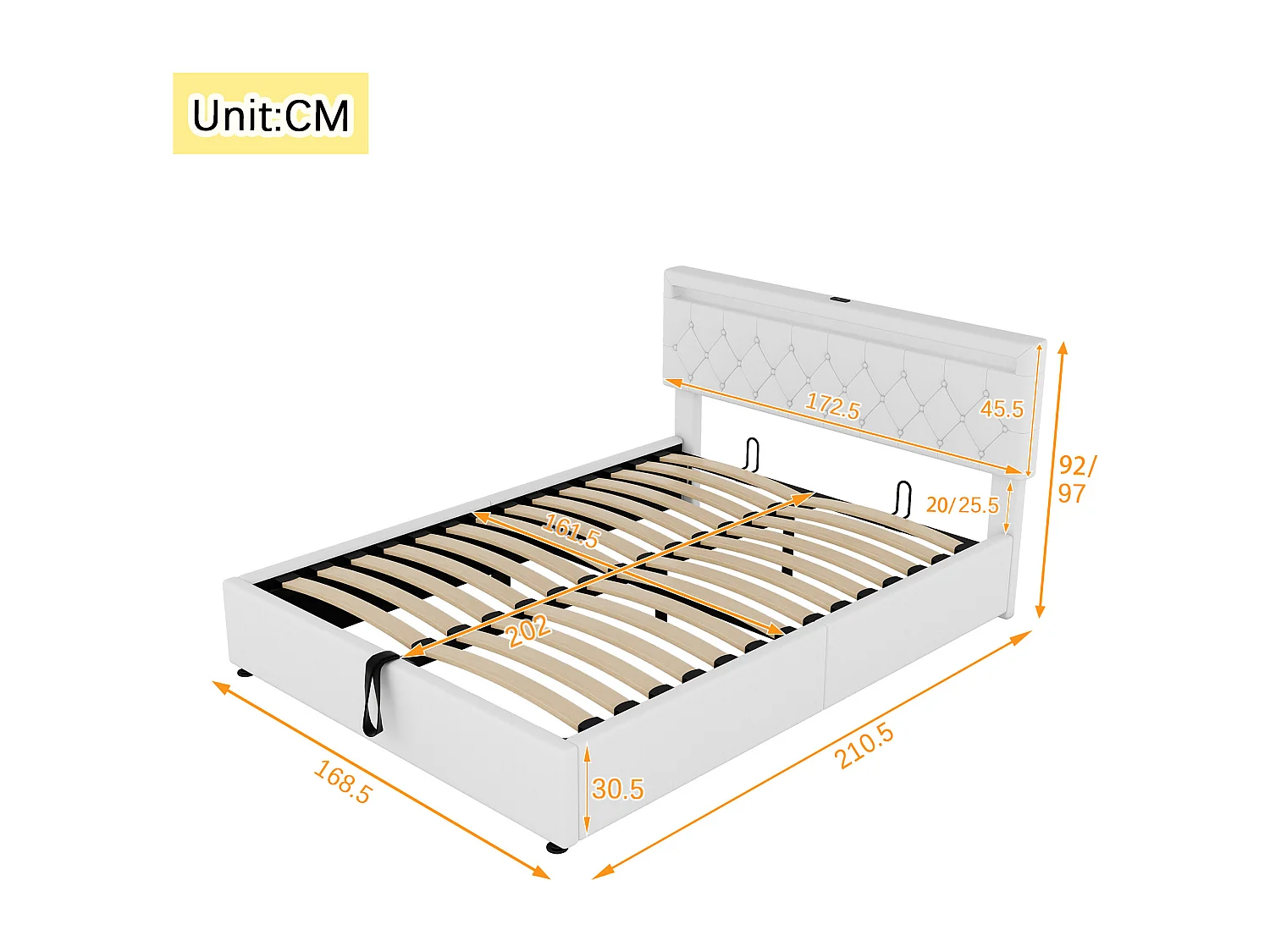 Lit coffre adulte blanc 160x200 cm avec éclairage ambiant, télécommande 24 touches, prises USB et Type-C(sans matelas)