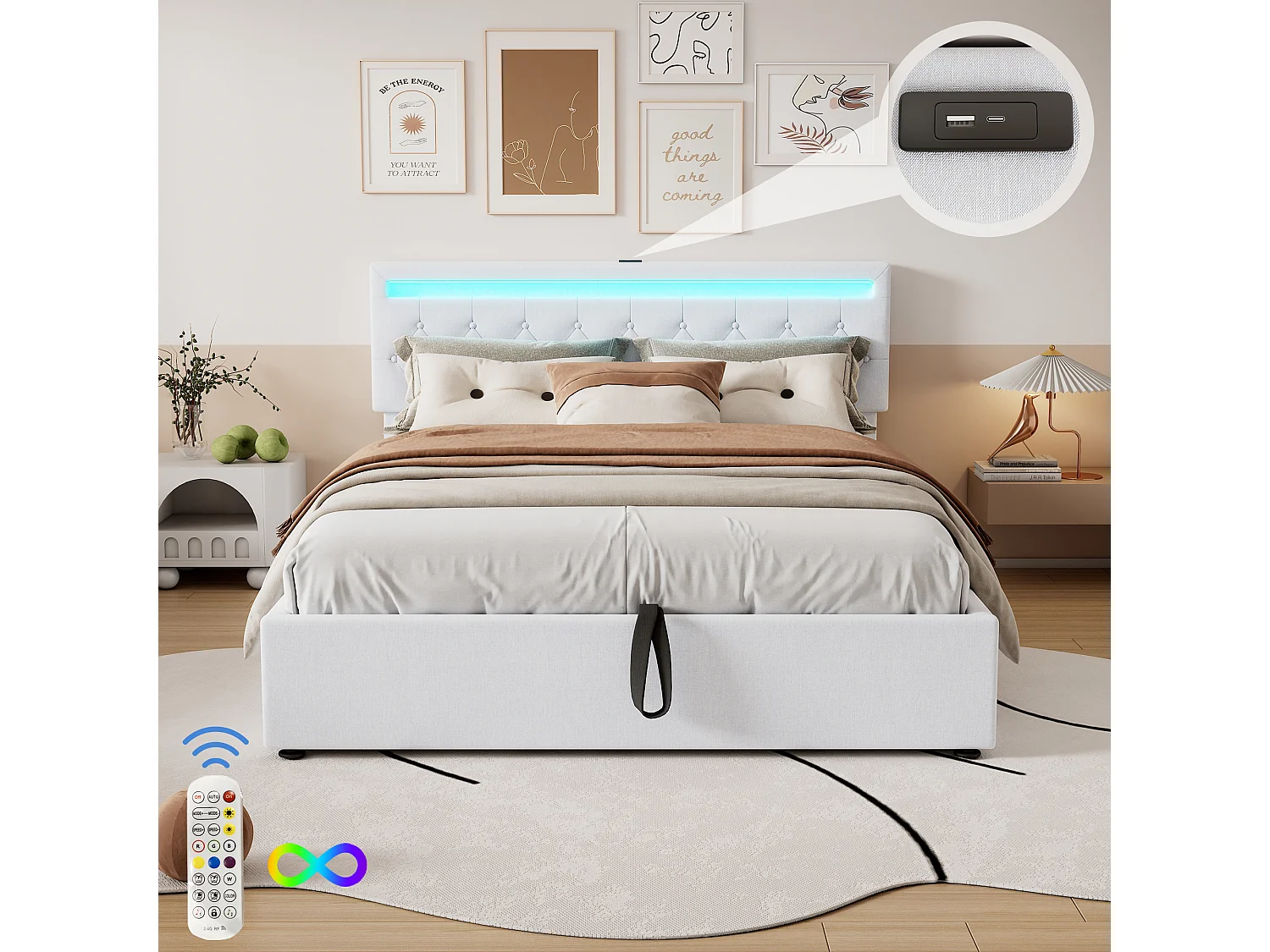 Lit coffre adulte blanc 160x200 cm avec éclairage ambiant, télécommande 24 touches, prises USB et Type-C(sans matelas)