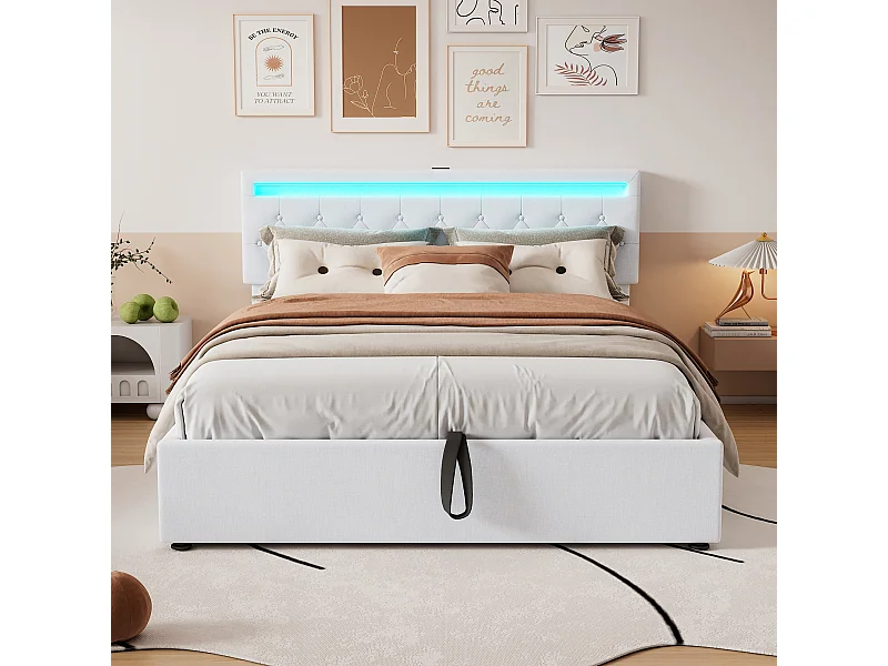 Lit coffre adulte blanc 160x200 cm avec éclairage ambiant, télécommande 24 touches, prises USB et Type-C(sans matelas)