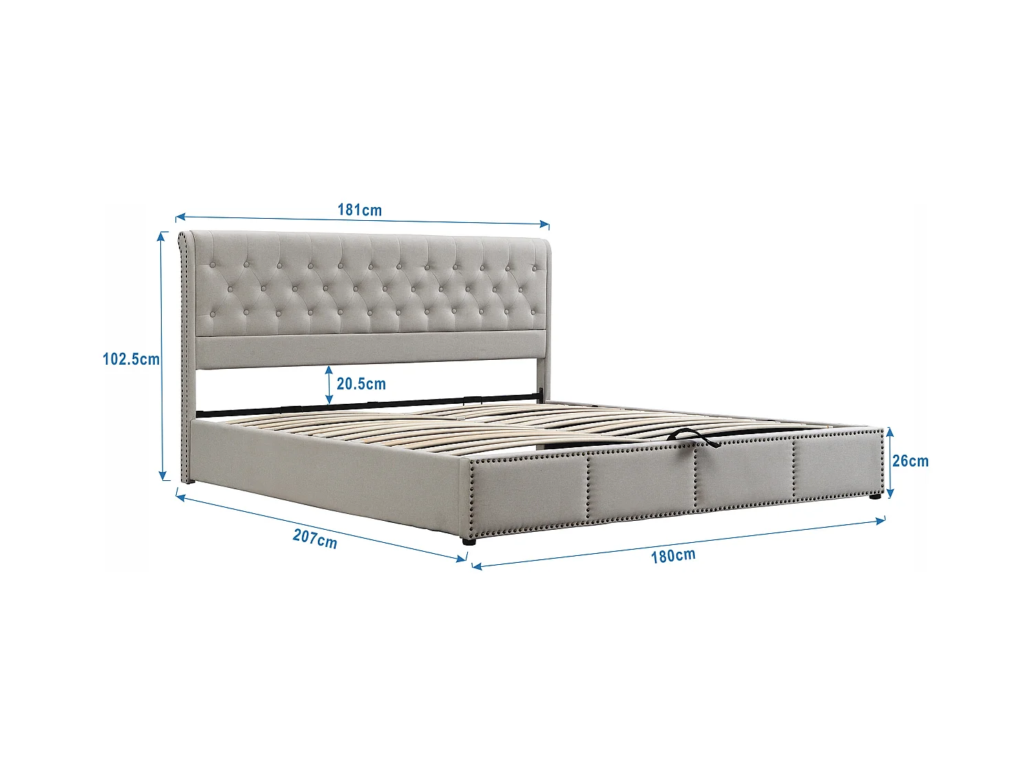 Tweepersoons opbergbed 180x200 cm met hydraulisch systeem, houten lattenbodem en lichtgrijze linnen bekleding (zonder matras)