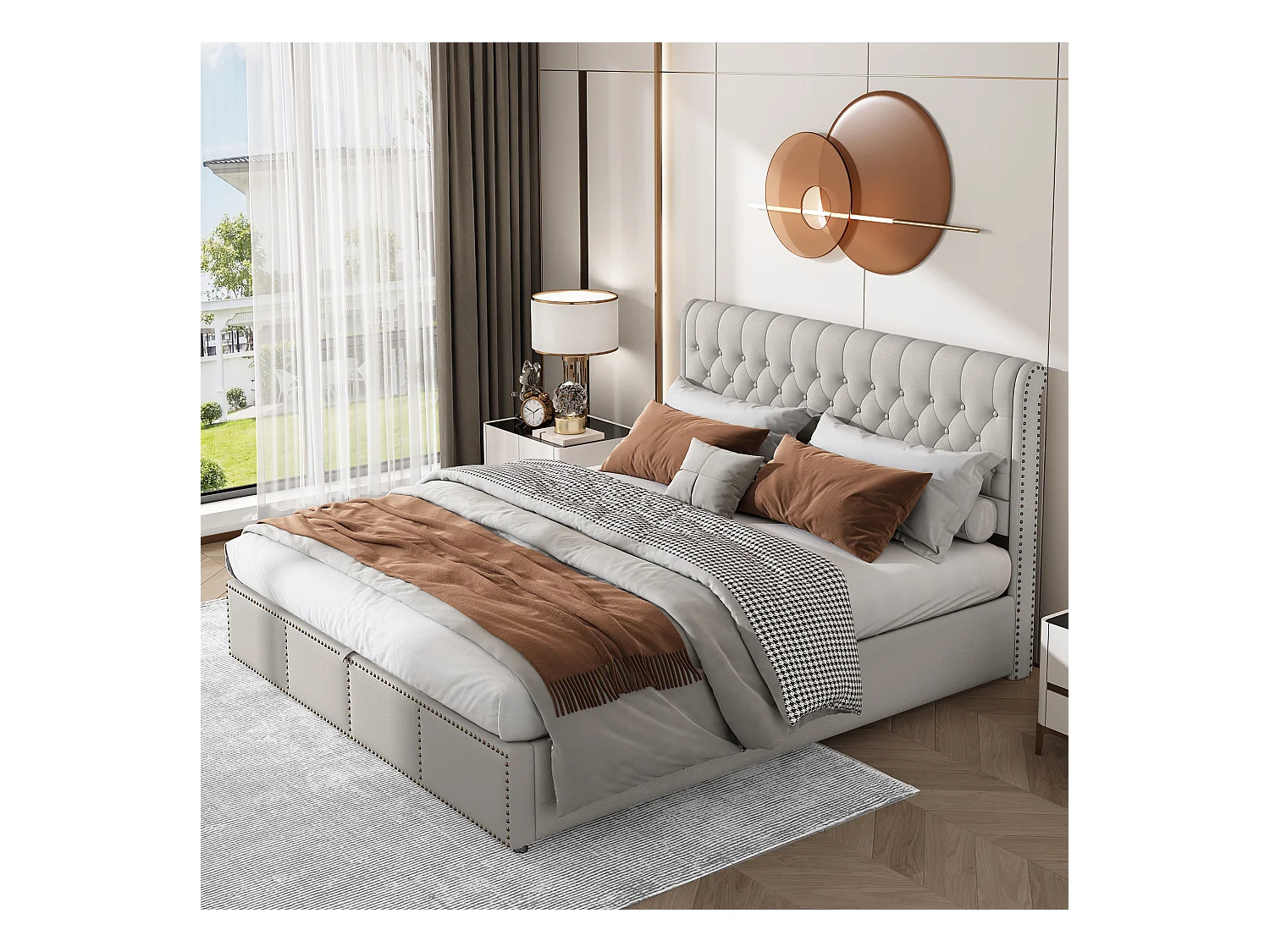 Tweepersoons opbergbed 180x200 cm met hydraulisch systeem, houten lattenbodem en lichtgrijze linnen bekleding (zonder matras)