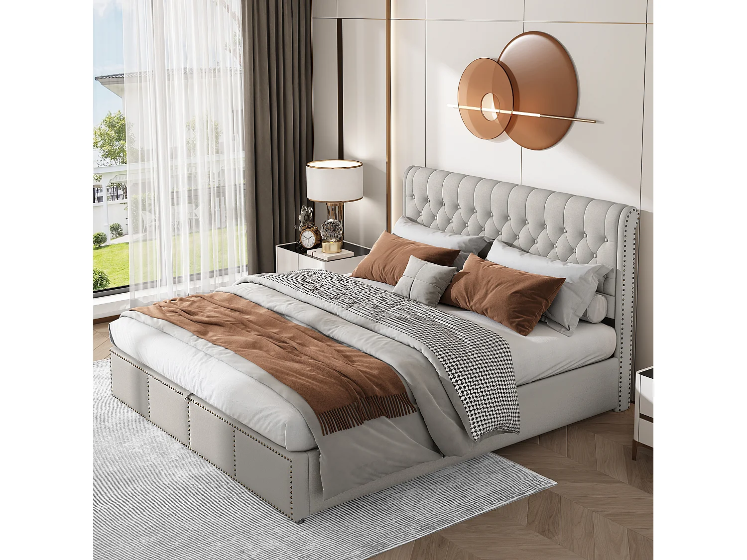 Lit coffre adulte 180x200 cm, lit adulte hydraulique avec sommier à lattes en bois, tissu en lin gris clair- sans matelas